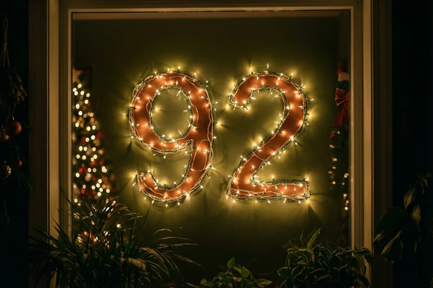 Door een raam zijn warme lichtjes in de vorm van 92 op een donkere muur te zien, met onscherpe gouden en oranje lichtpunten op de achtergrond.