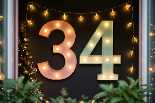 Een groot getal 34 van warme lichtslingers staat op een donkere muur, omlijst door een raam met feestelijk groen en onscherpe lichtjes.