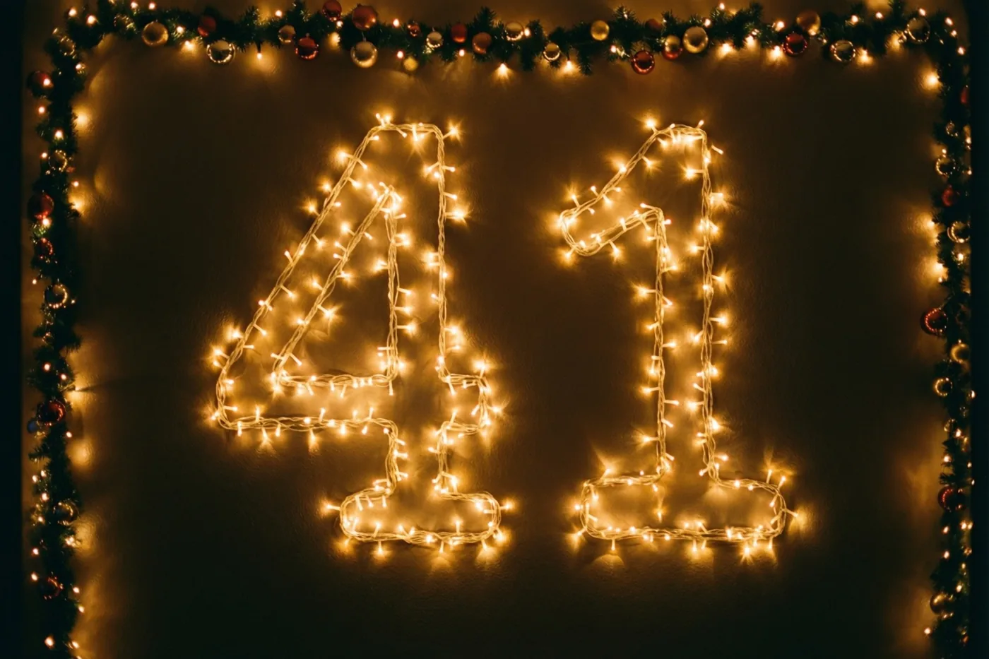 Warme lichtjes vormen 41 op een donkere muur, omlijst door een versierde slinger in gouden en rode tinten.