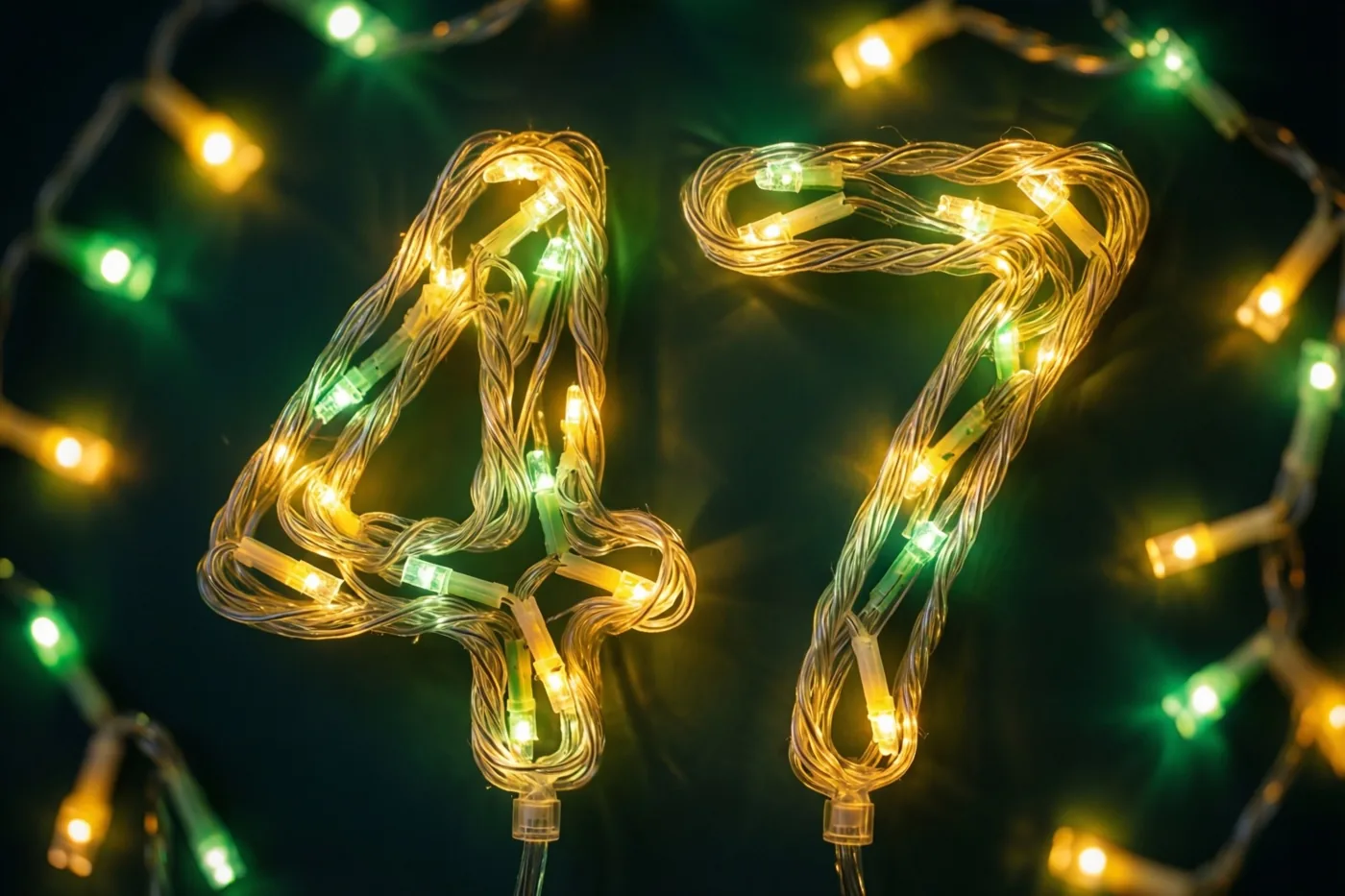 Lichtslingers vormen het getal 47 tegen een donkere achtergrond met warme gele en groene lichtvlekken.