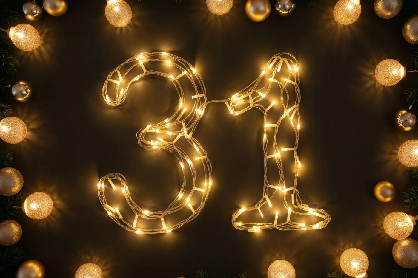 Lichtjes vormen 31 tegen een donkere muur, omringd door onscherpe gouden versieringen en dennentakken.