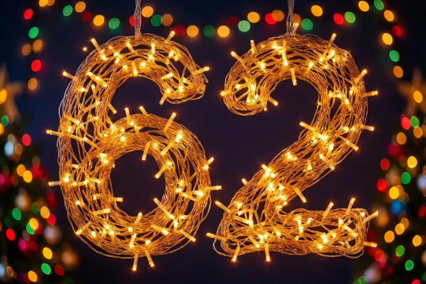 Warme lichtjes vormen het getal 62 tegen een donkere achtergrond met onscherpe gekleurde lichtpunten.