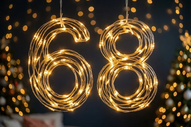 Warme lichtslingers vormen 68 tegen een donkere muur, met onscherpe gouden lichtjes op de achtergrond.