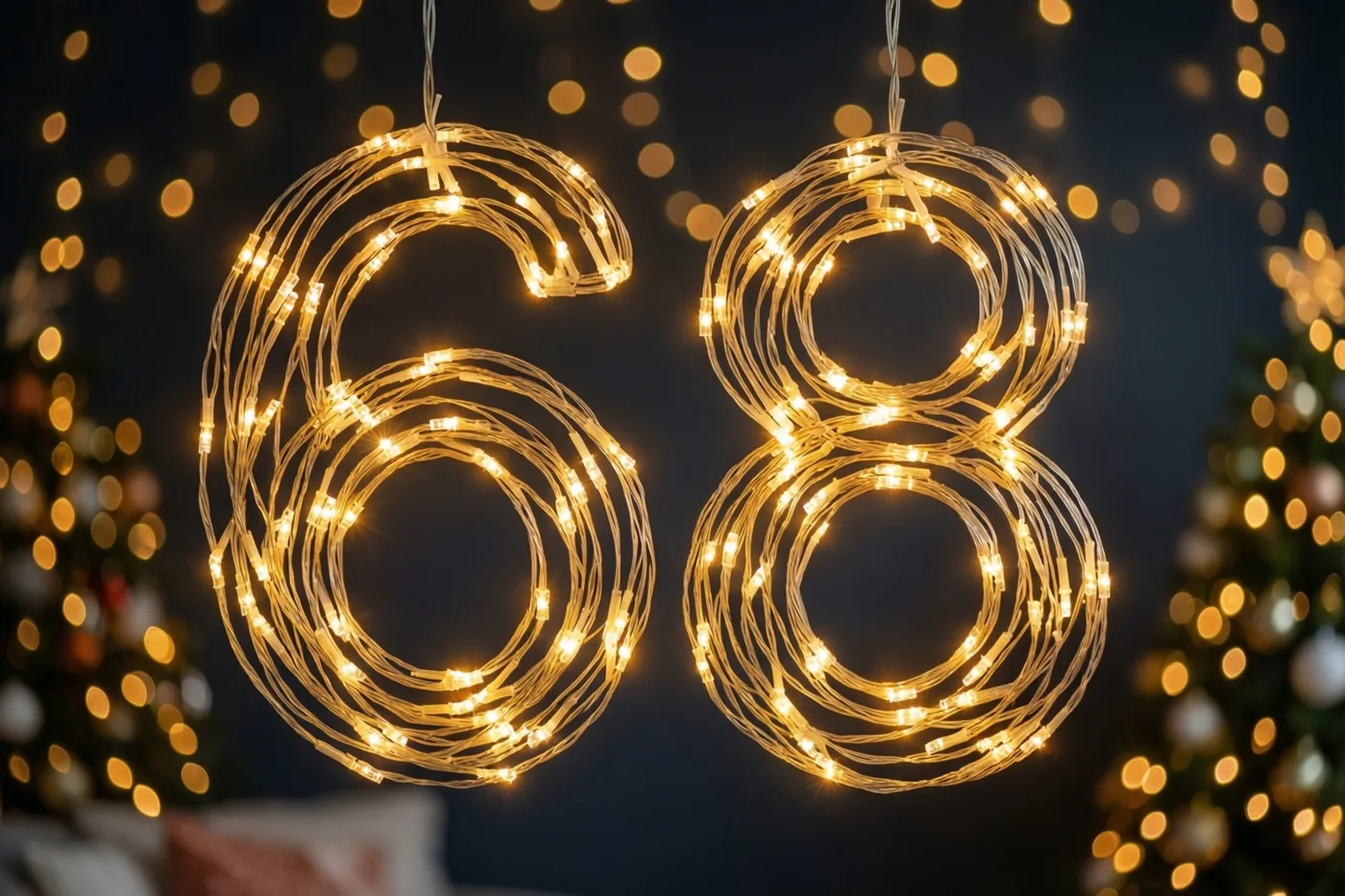 Warme lichtslingers vormen 68 tegen een donkere muur, met onscherpe gouden lichtjes op de achtergrond.