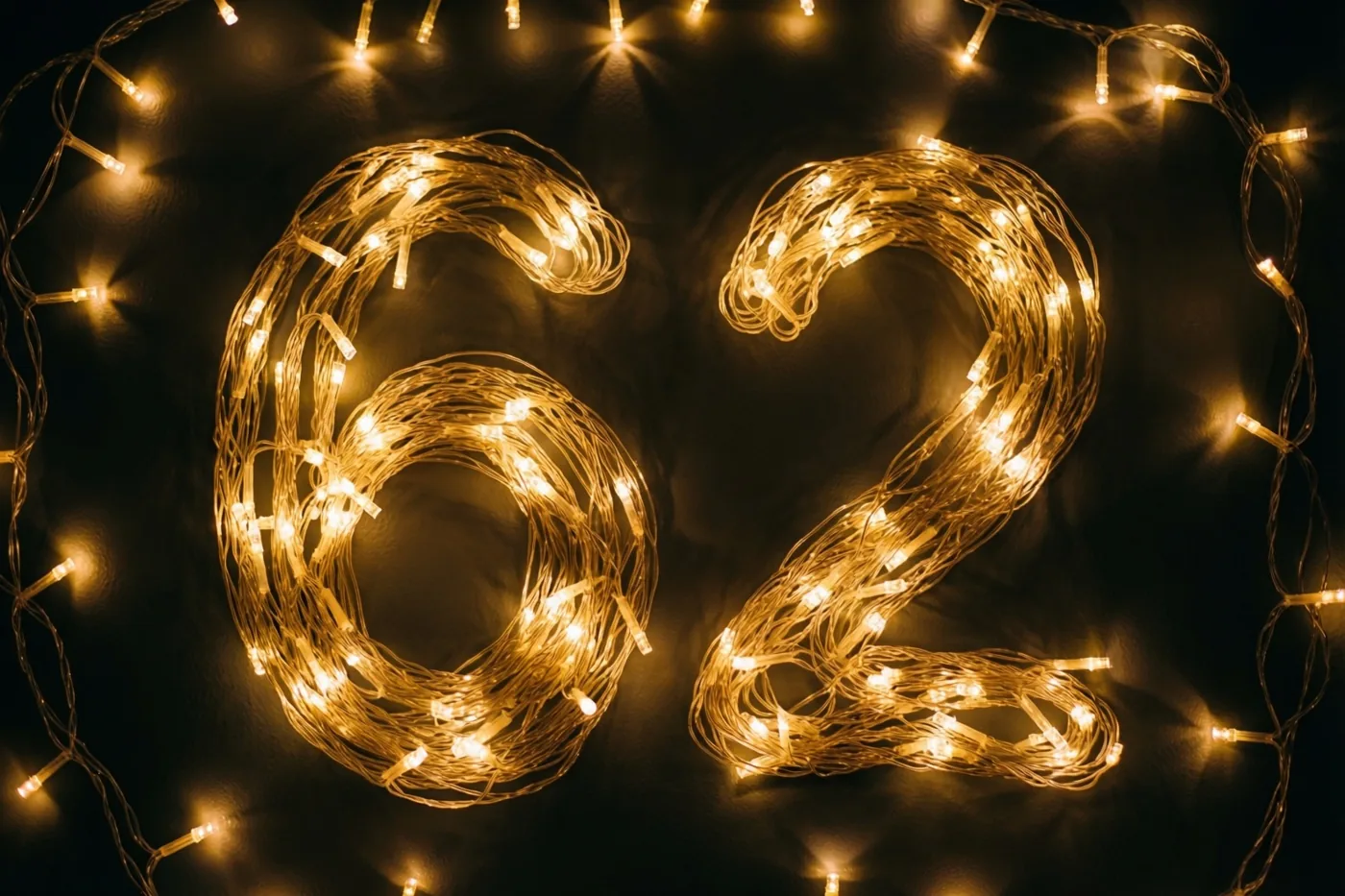 Lichtslingers vormen het getal 62 tegen een donkere muur met onscherpe gouden lichtjes eromheen.