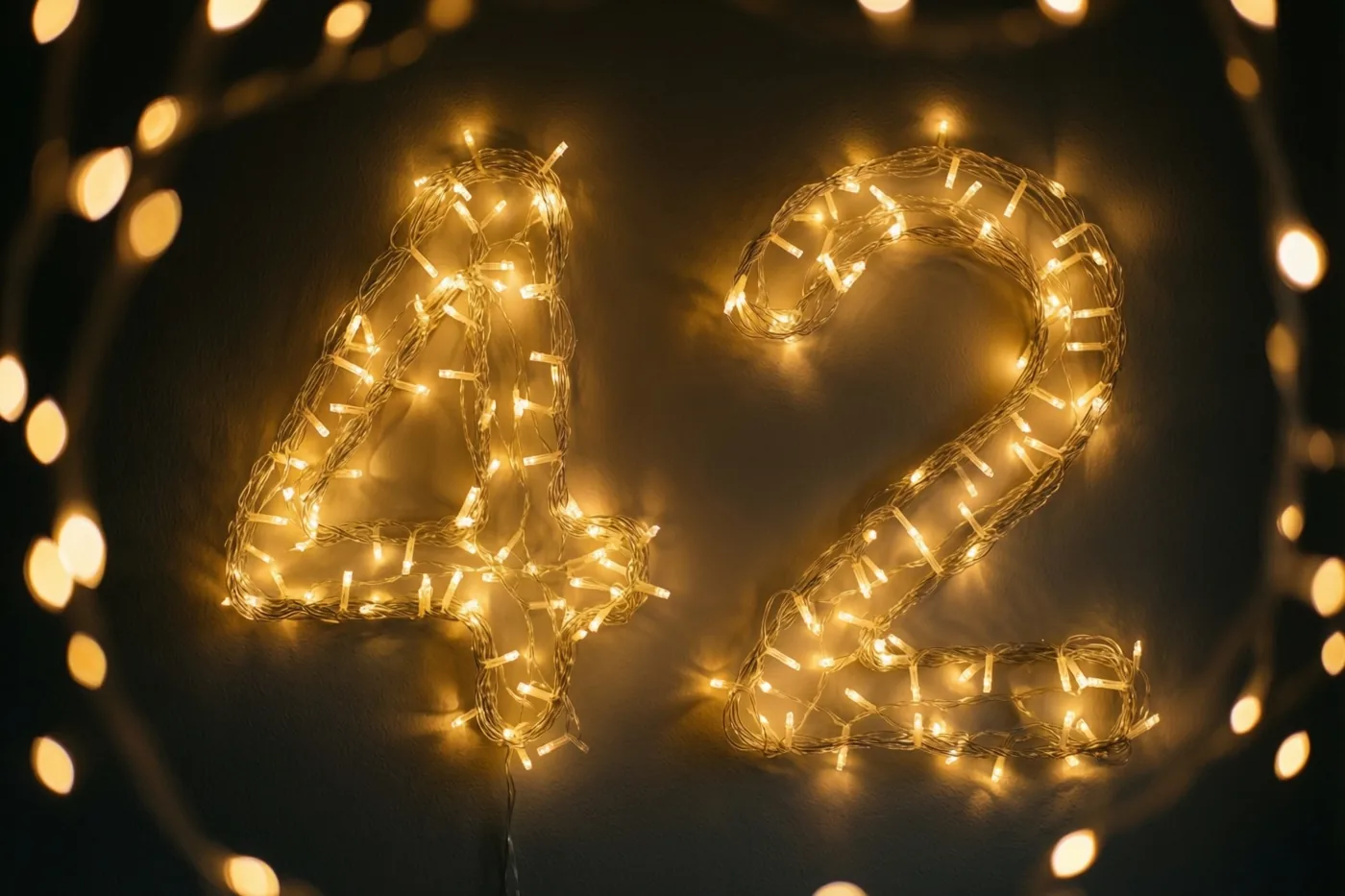 Het getal 42 is gevormd uit warme lichtjes tegen een donkere muur met zachte gouden lichtvlekken op de achtergrond.