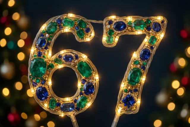 Warme lichtslingers met groene en blauwe edelstenen vormen het getal 67 tegen een donkere muur met onscherpe feestlichtjes op de achtergrond.
