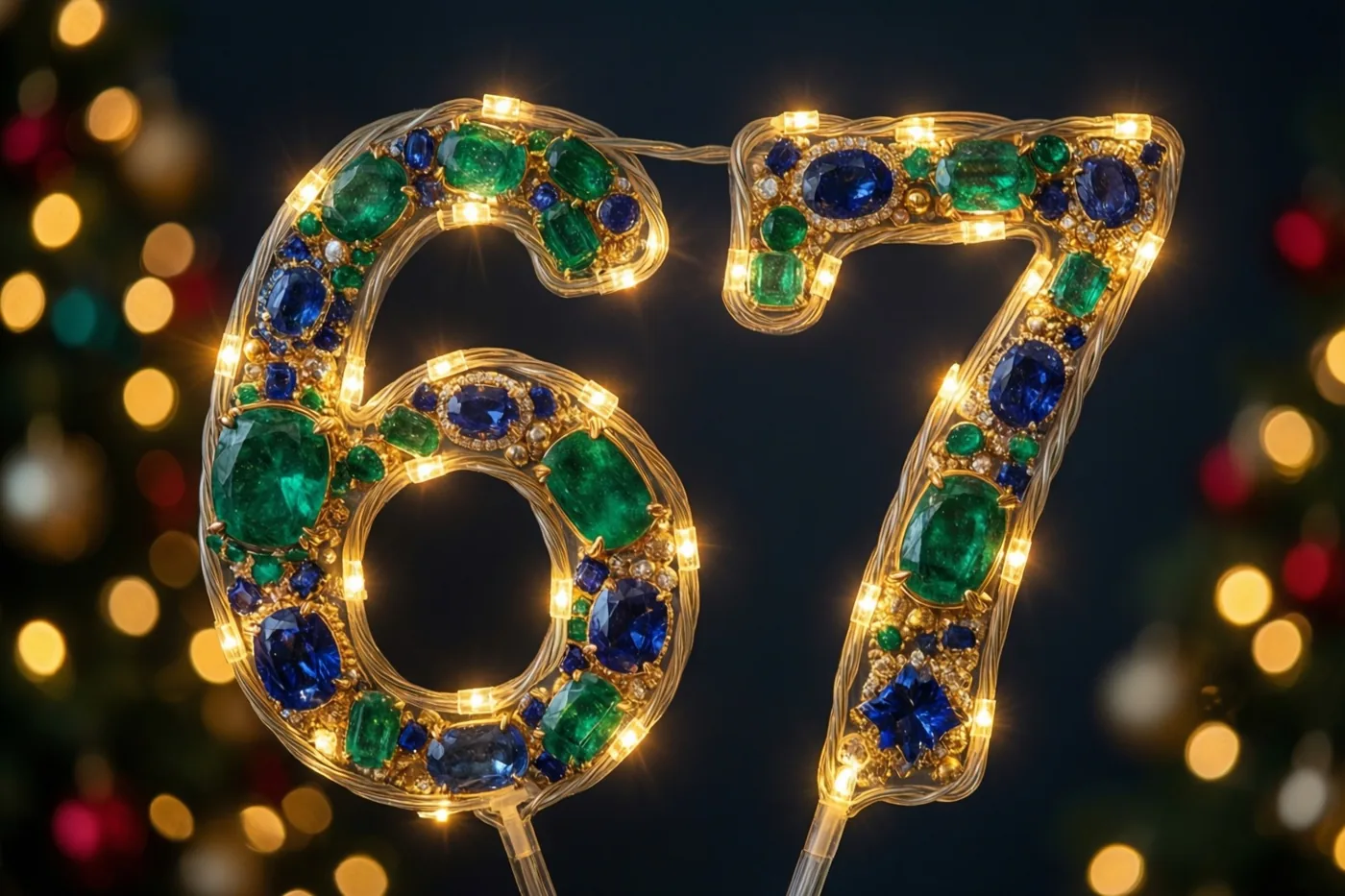 Warme lichtslingers met groene en blauwe edelstenen vormen het getal 67 tegen een donkere muur met onscherpe feestlichtjes op de achtergrond.
