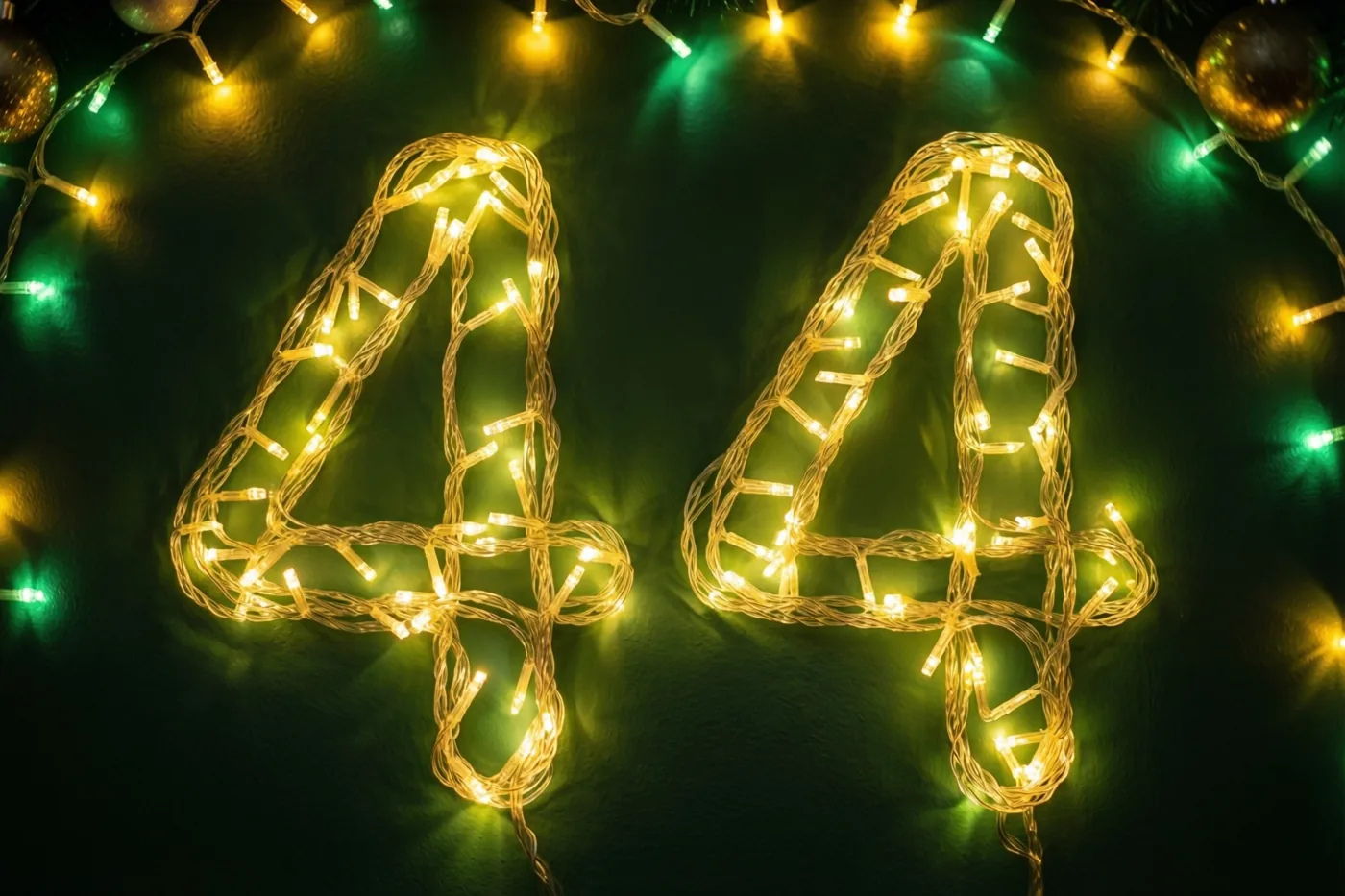 Het getal 44 is gevormd uit warme lichtslingers tegen een donkere muur, met onscherpe groene lichtjes op de achtergrond.