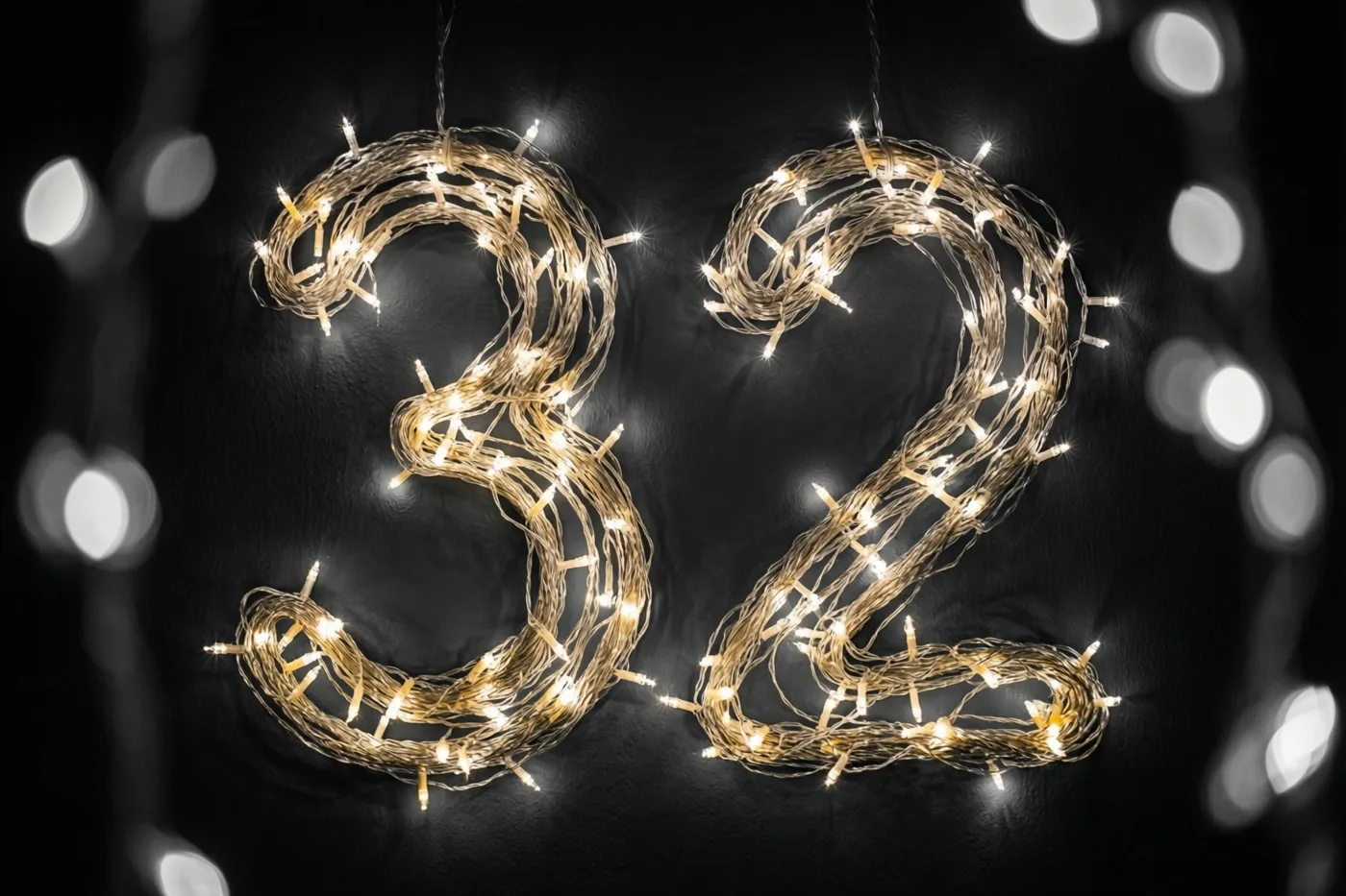 Warme lichtjes vormen het getal 32 tegen een donkere muur met onscherpe lichtvlekken op de achtergrond.