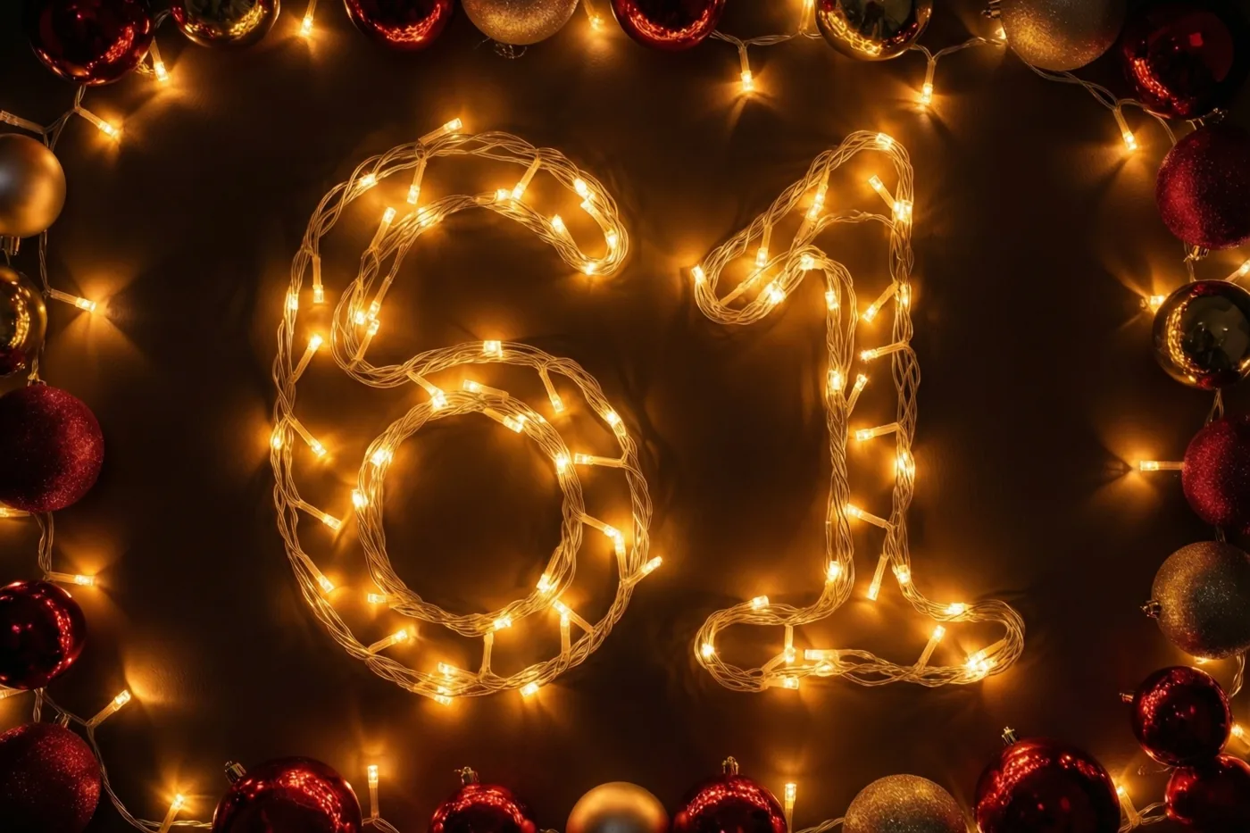 Warme lichtjes vormen 61 tegen een donkere muur, omringd door rode en gouden versieringen.