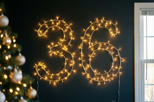 Lichtslingers vormen het getal 36 op een donkere muur, met links een onscherpe versierde kerstboom en rechts een raam.