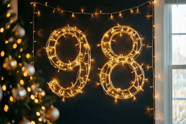 Warme lichtslingers vormen 98 tegen een donkere muur, met onscherpe kerstboomlichtjes links en een raam rechts.