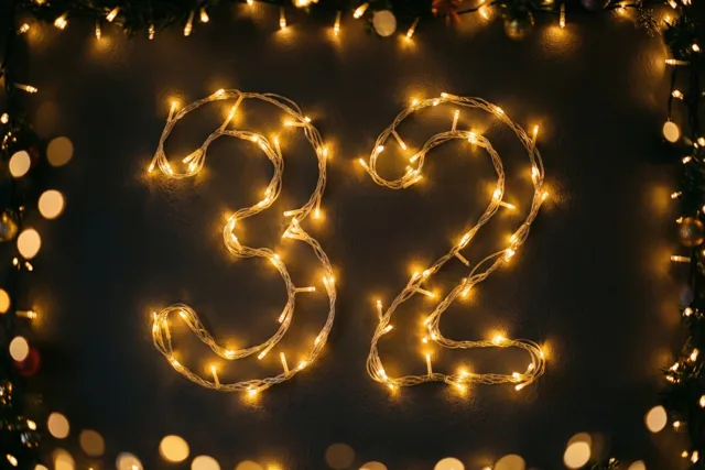 Het getal 32 van warme lichtjes staat tegen een donkere muur, omlijst door onscherpe feestverlichting.
