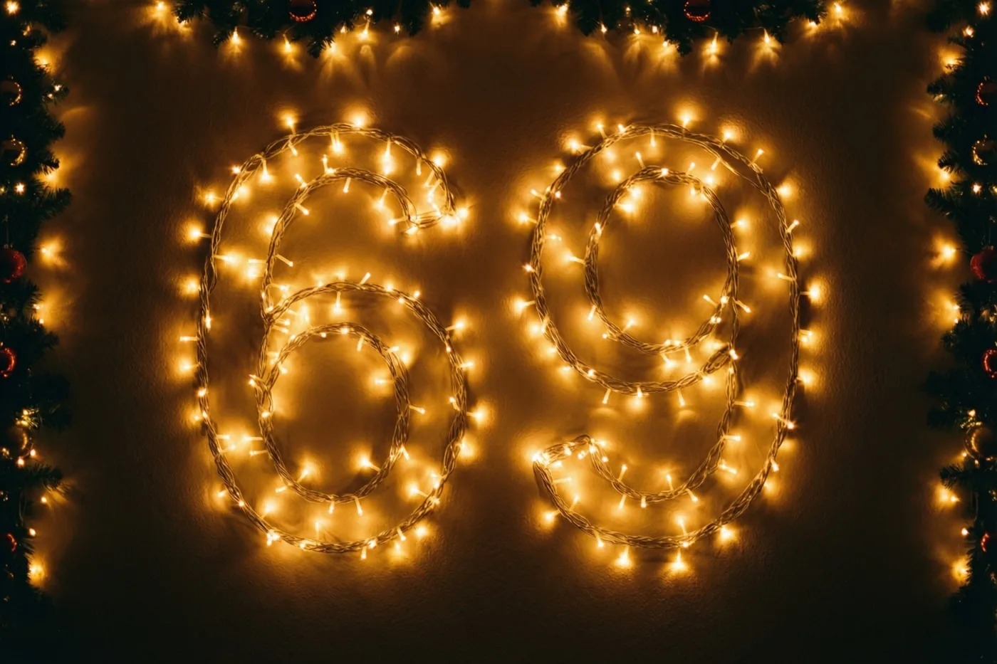 Warme lichtslingers vormen het getal 69 op een donkere muur, omlijst door decoratief groen en lichtjes.