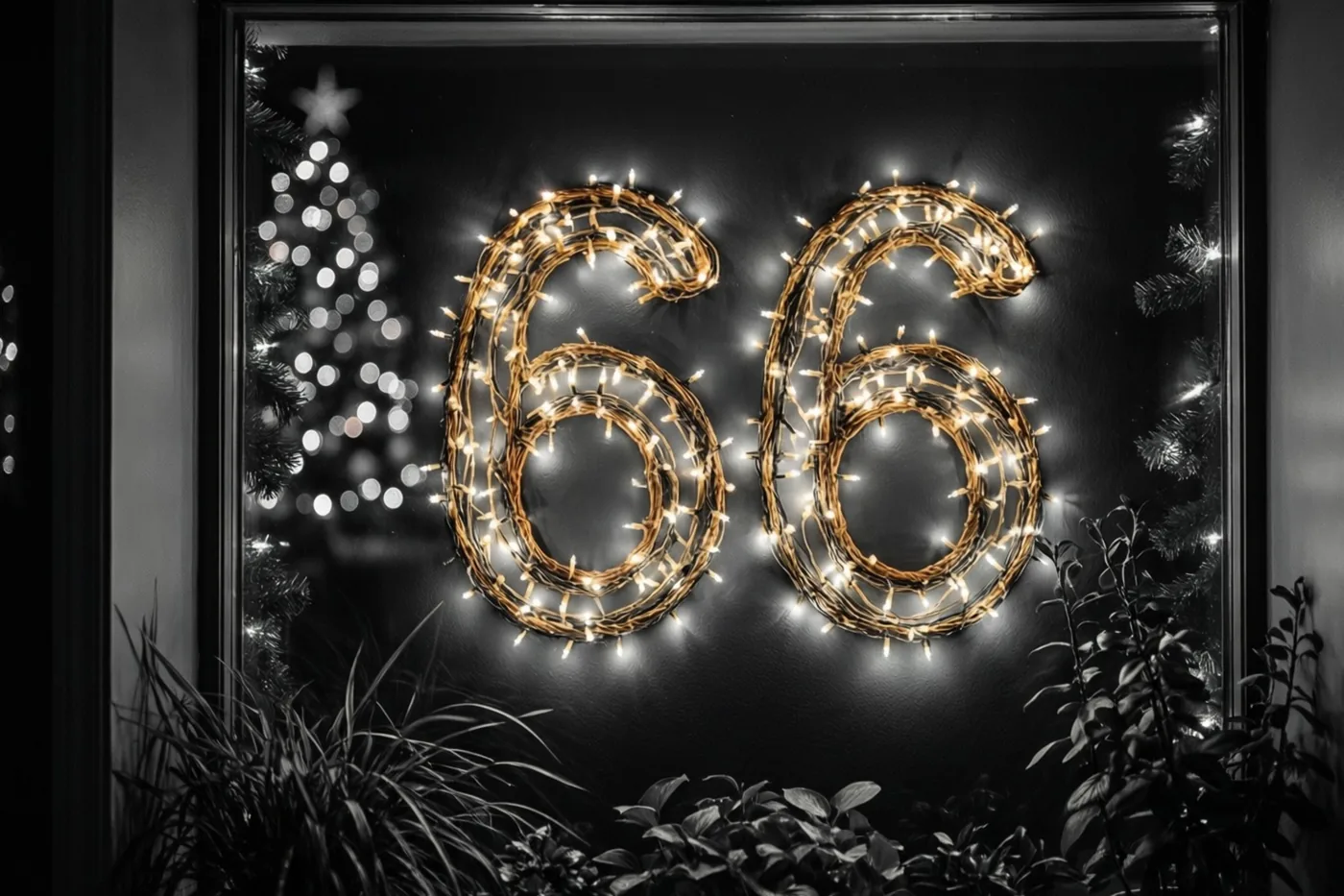Warme lichtslingers vormen het getal 66 op een donkere muur, omlijst door decoratief groen en onscherpe feestlichtjes.
