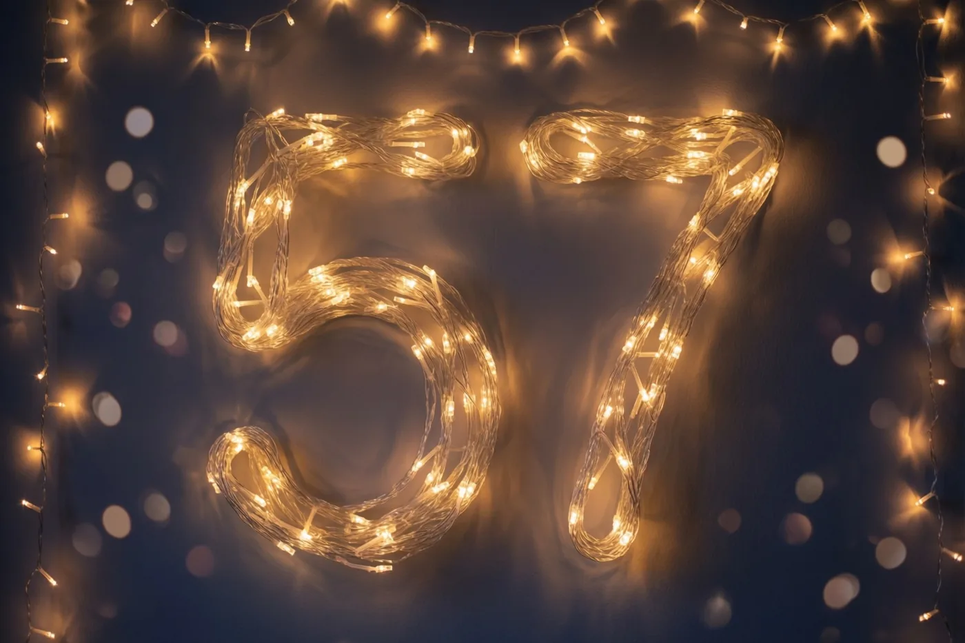 Warm gloeiende lichtjes vormen 57 tegen een donkere muur, omlijst door extra lichtslingers en onscherpe lichtvlekken.