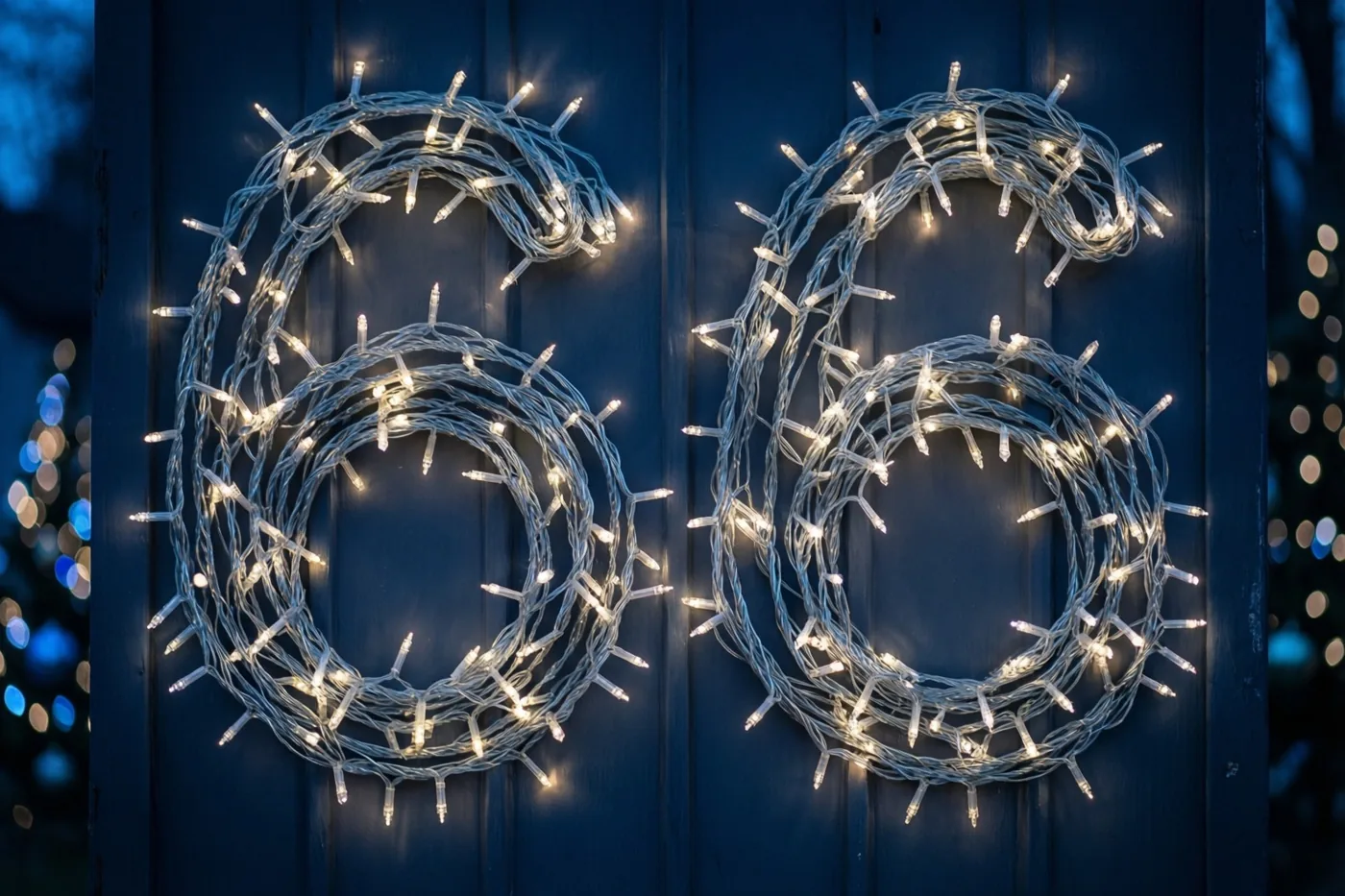 Warme lichtslingers vormen het getal 66 op een donkerblauwe houten muur, met onscherpe lichtjes op de achtergrond.