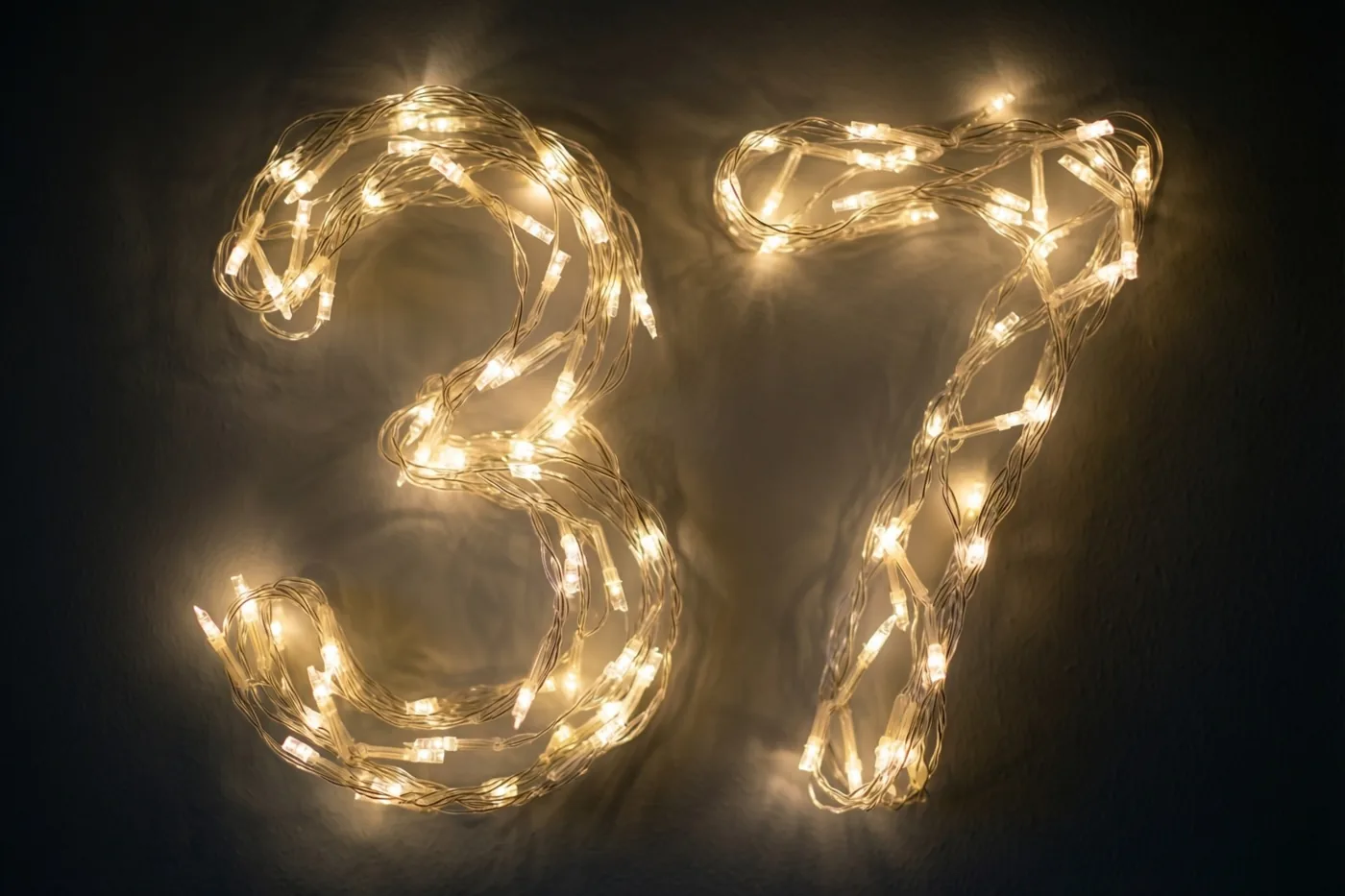 Warme lichtjes vormen 37 tegen een donkere muur met structuur, met zachte onscherpe lichtvlekken eromheen.