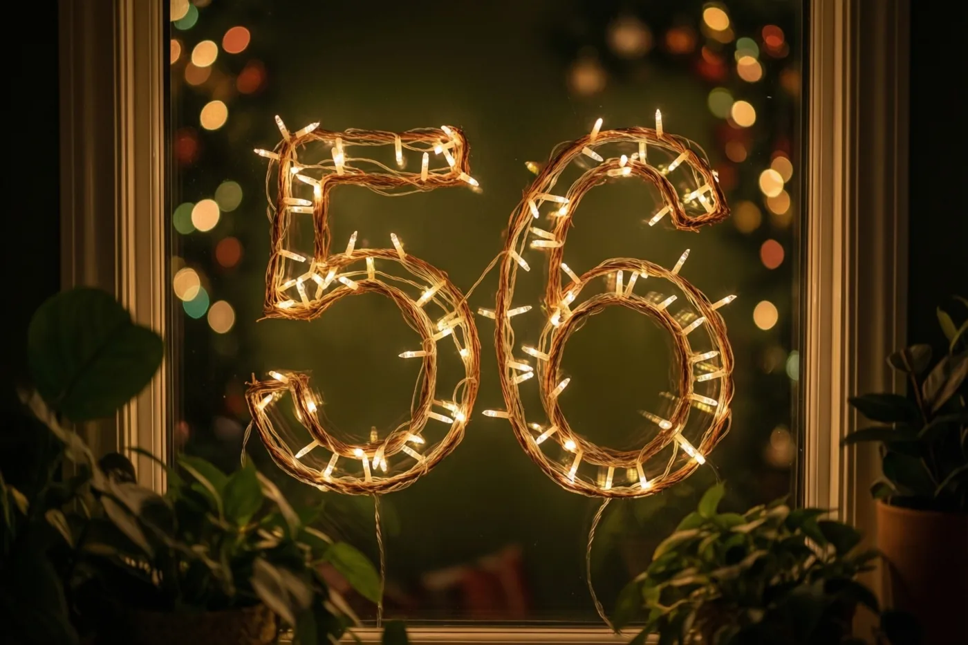 Warmgele lichtjes vormen 56 op een donkere ruit, omlijst door een wit raamkozijn en groene planten, met onscherpe lichtjes op de achtergrond.