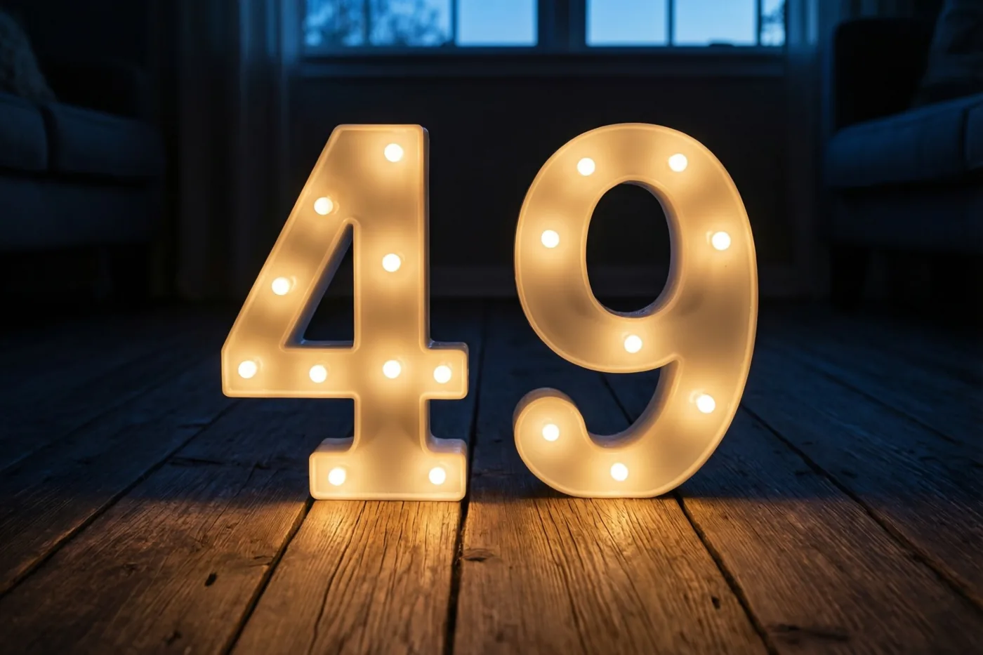 Het getal 49 van grote lichtcijfers met brandende lampjes staat op een donkere houten vloer in een schemerige kamer met een raam op de achtergrond.