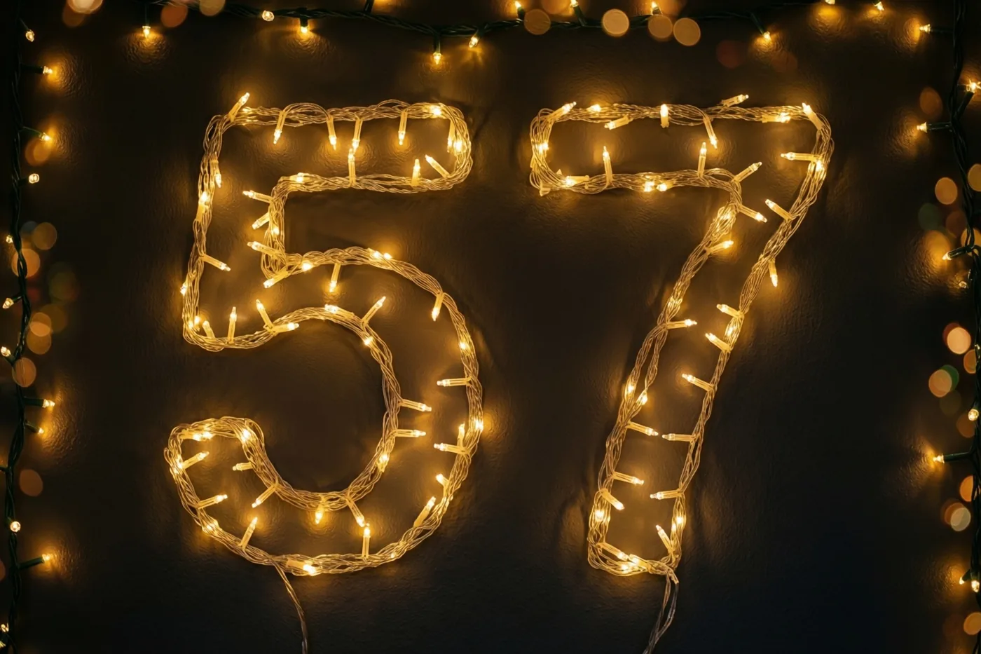 Warm gloeiende lichtjes vormen 57 op een donkere muur met structuur, met onscherpe feestlichtjes op de achtergrond.