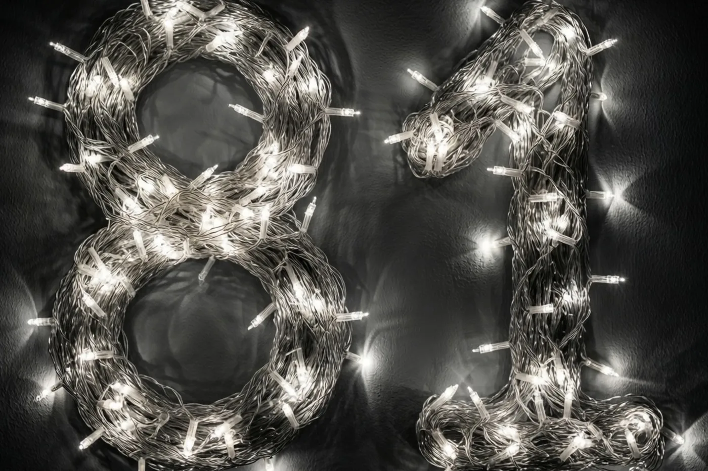Het getal 81 is gevormd met brandende lichtslingers tegen een donkere muur, met zacht onscherpe lichtjes eromheen.