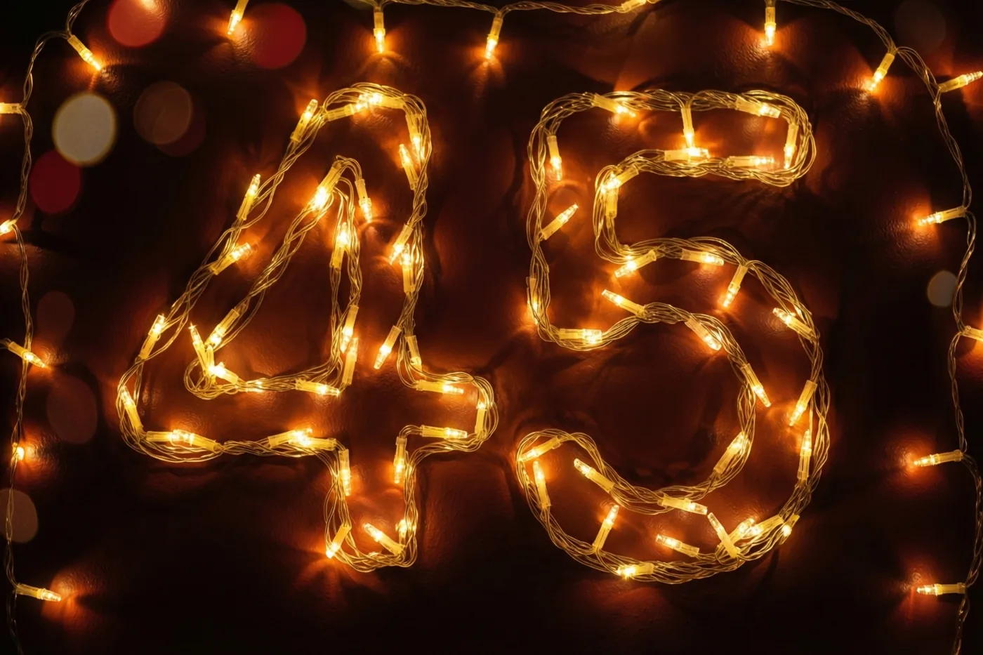 Het getal 45 is gevormd uit warm gloeiende lichtjes tegen een donkere muur, met onscherpe lichtvlekken erachter.