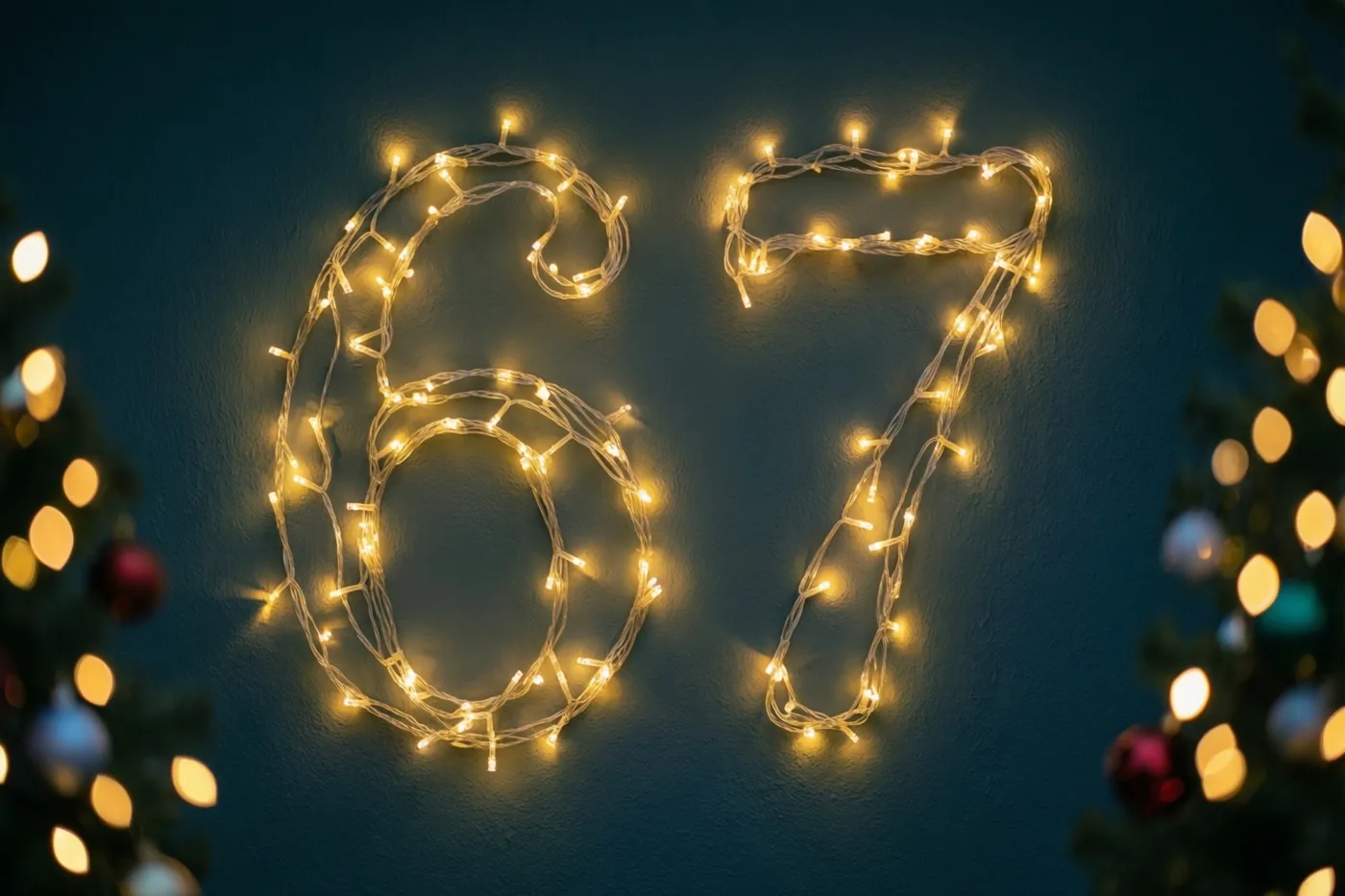 Warme lichtslingers vormen het getal 67 tegen een donkerblauwe muur, omlijst door onscherpe kerstboomversieringen.