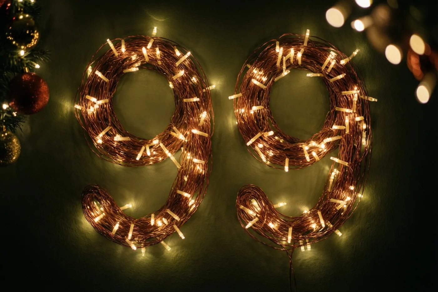 Warme lichtslingers vormen 99 tegen een donkere muur, met onscherpe lichtjes en kerstversieringen in de hoeken.