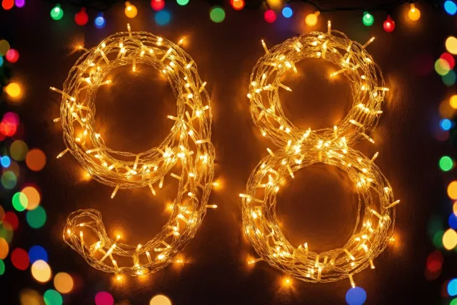 Warm gloeiende lichtjes vormen 98 tegen een donkere muur, met kleurrijke onscherpe lichtpunten op de achtergrond.