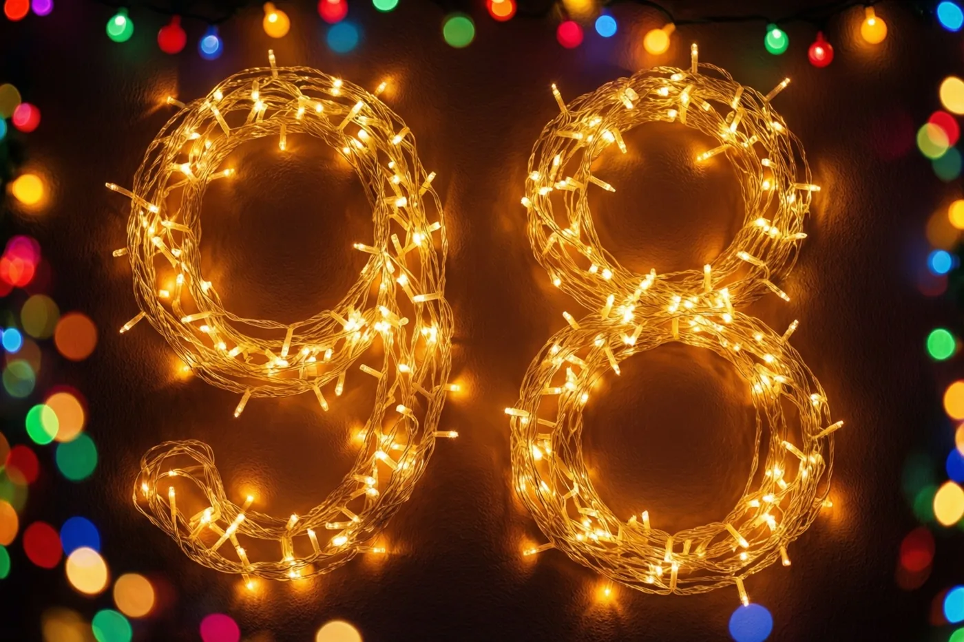 Warm gloeiende lichtjes vormen 98 tegen een donkere muur, met kleurrijke onscherpe lichtpunten op de achtergrond.