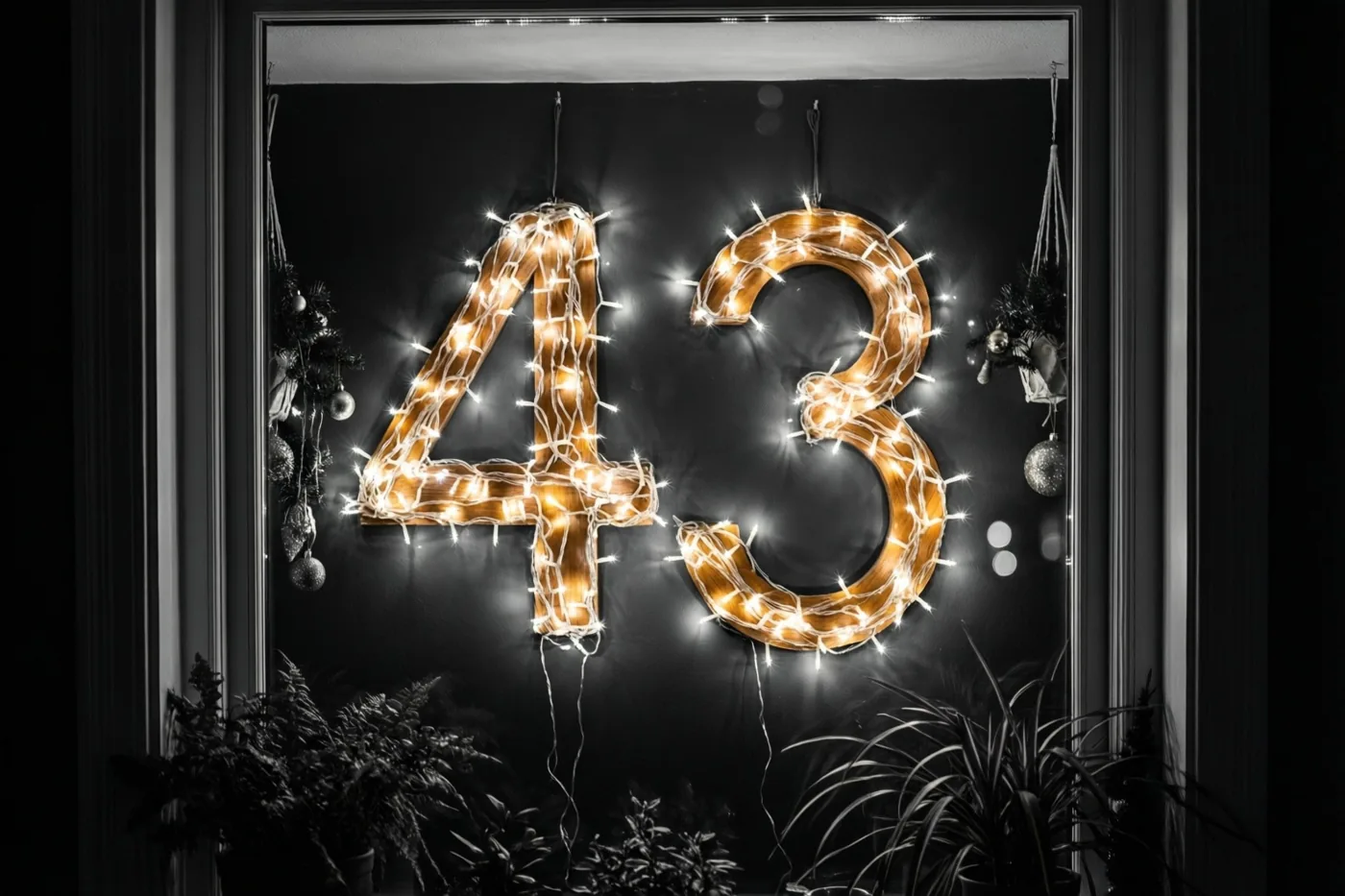 Warme lichtslingers vormen 43 tegen een donkere muur, binnen een raamachtig kader met decoratieve planten en ornamenten.