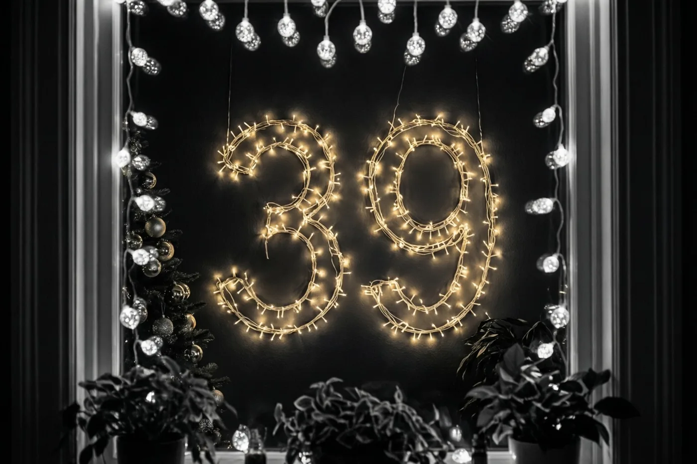 Warme lichtjes vormen 39 op een donkere muur, omringd door decoratieve verlichting en planten in een verder zwart-wit beeld.