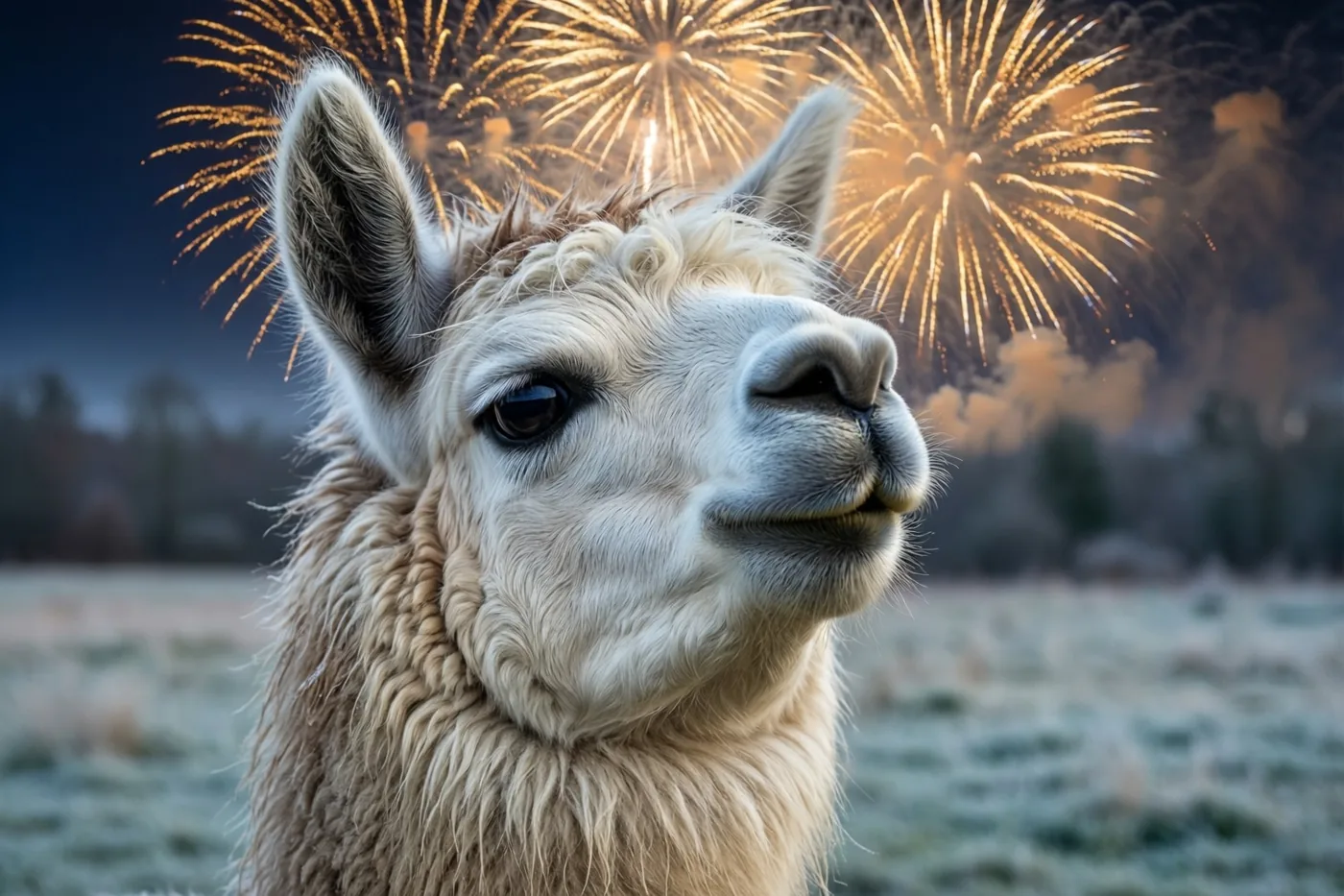 Een lichtgekleurde alpaca is van dichtbij te zien in een berijpte wei en kijkt omhoog, met goudkleurig vuurwerk achter zich in de donkere lucht.