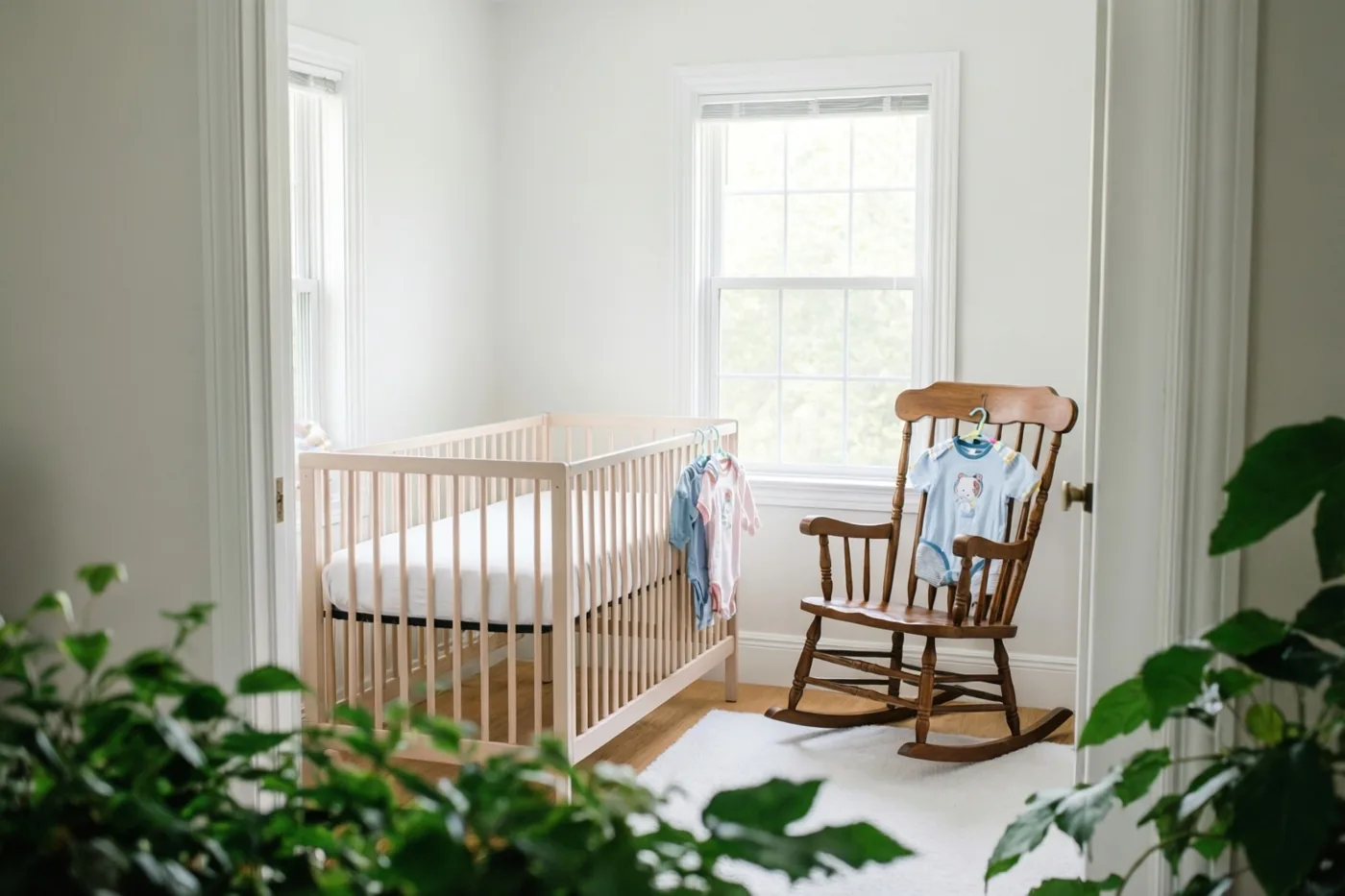 Een lichte, sober ingerichte babykamer bevat een babybedje van licht hout, een donkerhouten schommelstoel en kleine babykleertjes op hangers bij zacht daglicht.
