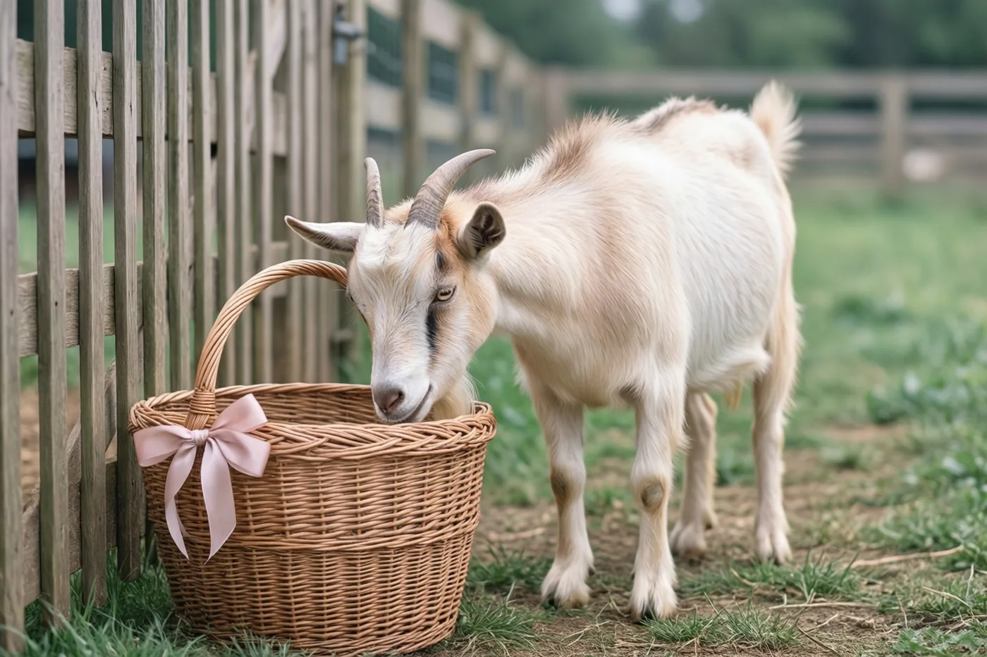 Een lichtgekleurde geit met gebogen hoorns snuffelt aan een rieten mand met een roze strik naast een houten hek in een grasrijke boerderijomgeving.