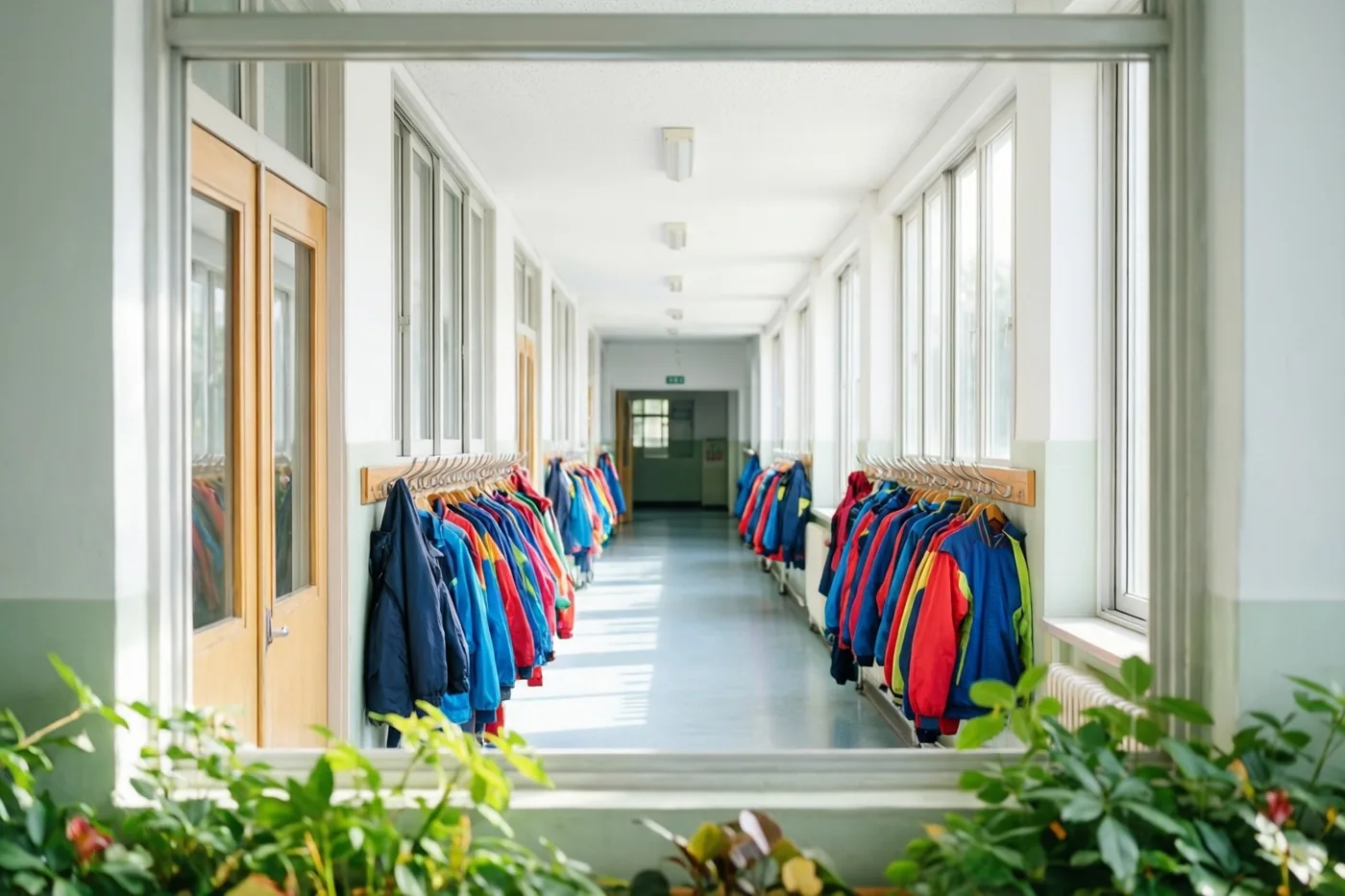 Door een raam is een lichte schoolgang te zien met kleurrijke jassen aan kapstokken, witte muren, houten deuren en grote ramen, met groene planten op de voorgrond.