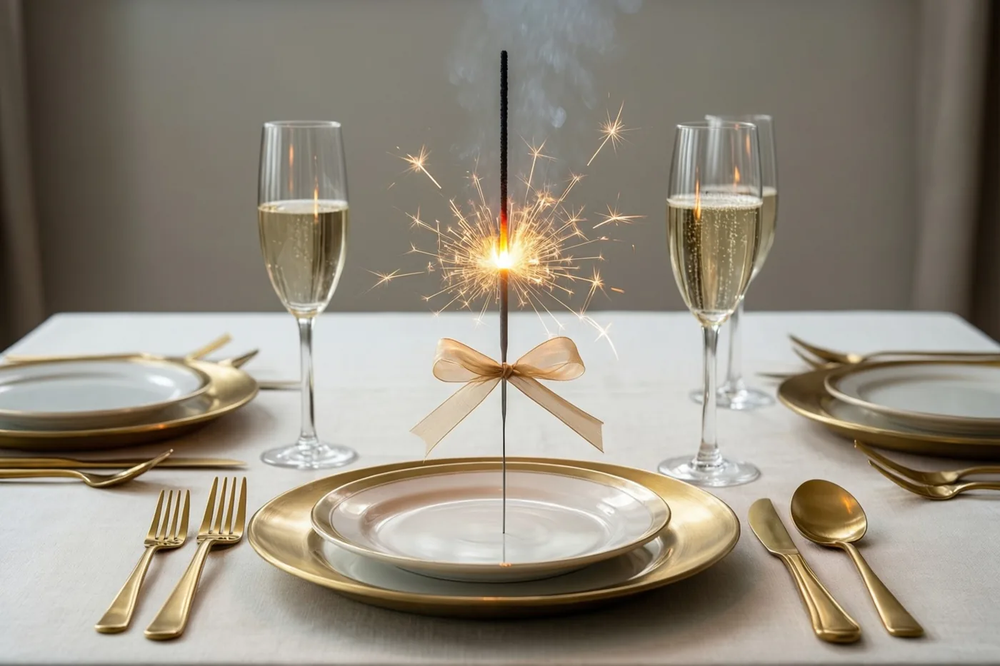 Op een licht tafellaken staan witte borden en champagneglazen naast goudkleurig bestek en een brandend sterretje met een lint.