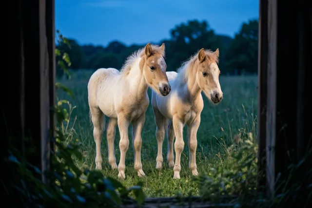 Veulentjes samen in de avondwei