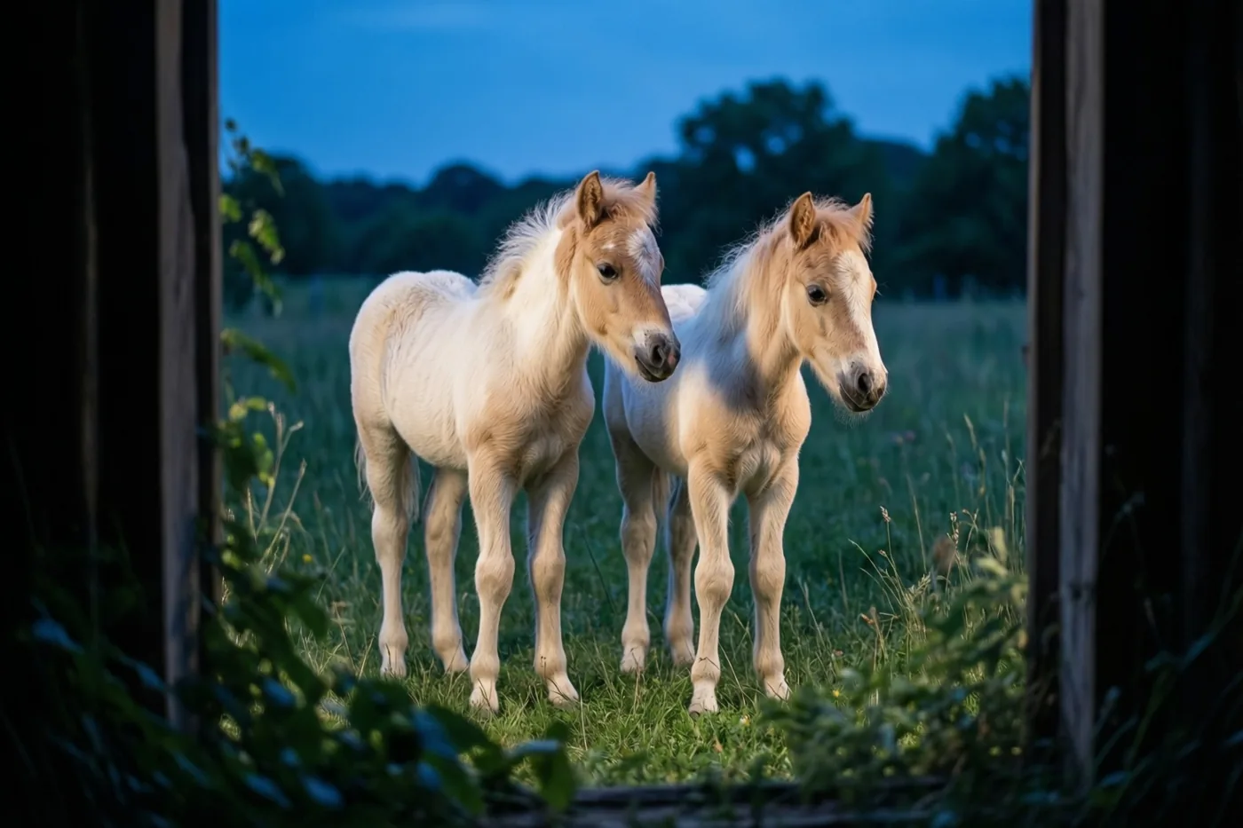 Twee lichtgekleurde veulens staan in een graswei in blauwe schemering, gezien door een donkere houten deuropening, met bomen in de verte.