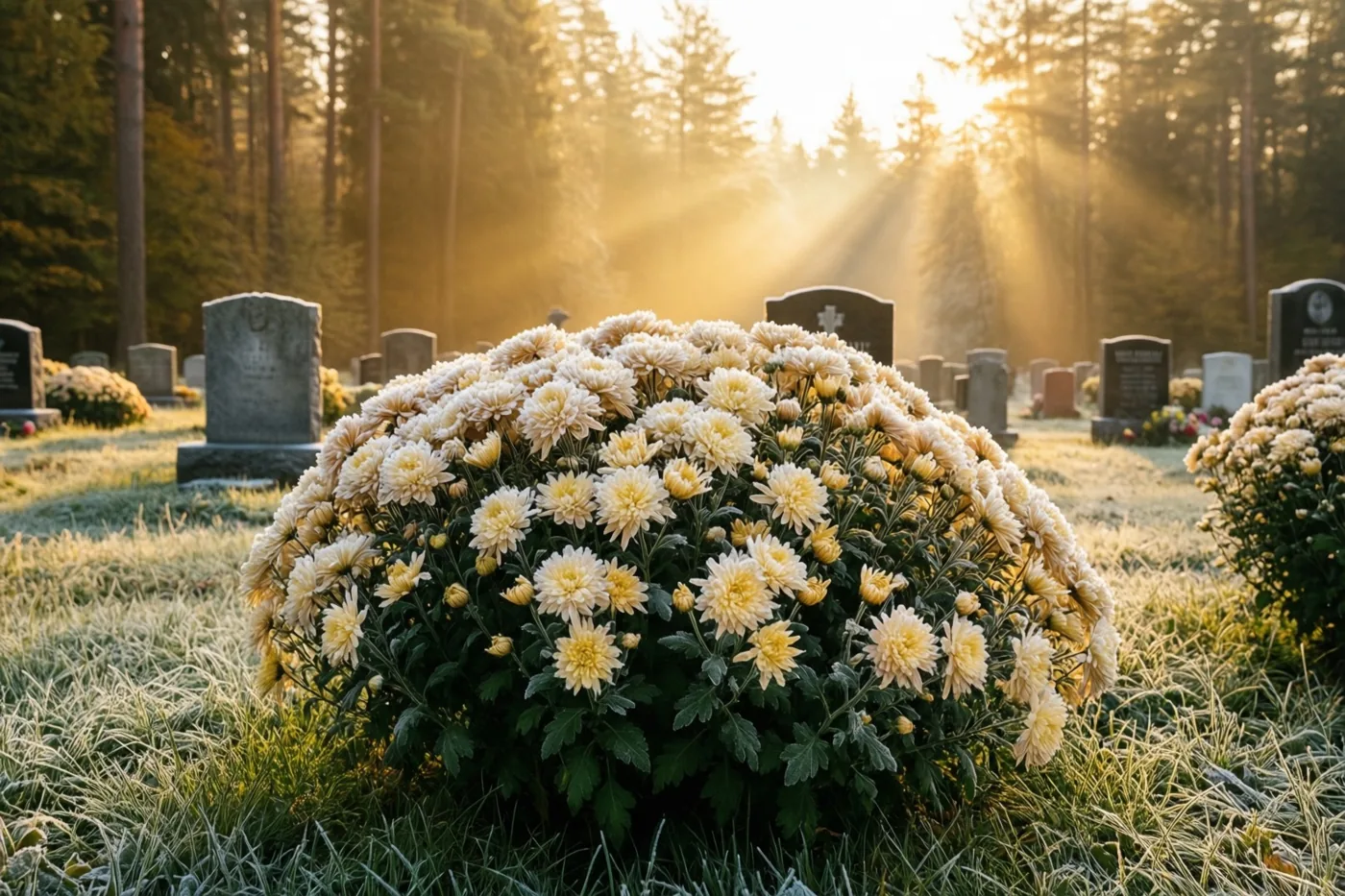 Een grote struik met lichtgele chrysanten groeit in berijpt gras naast een grafsteen, terwijl goudkleurig ochtendlicht door het bos op de achtergrond valt.