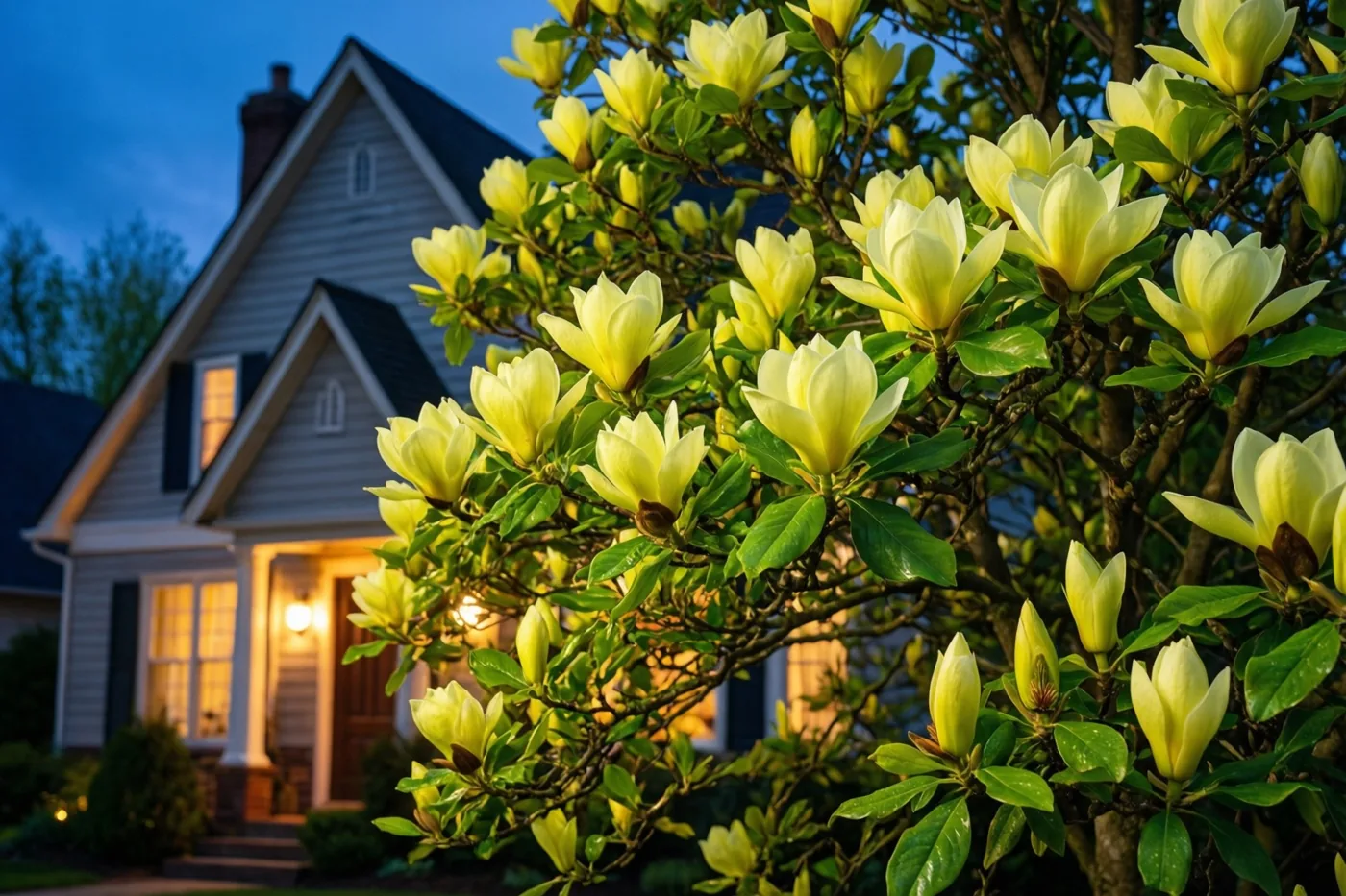 Een magnolia met lichtgele bloemen en groene bladeren staat deels voor een lichtgekleurd huis met een trapgevel, waar bij schemering warm licht uit de ramen schijnt.