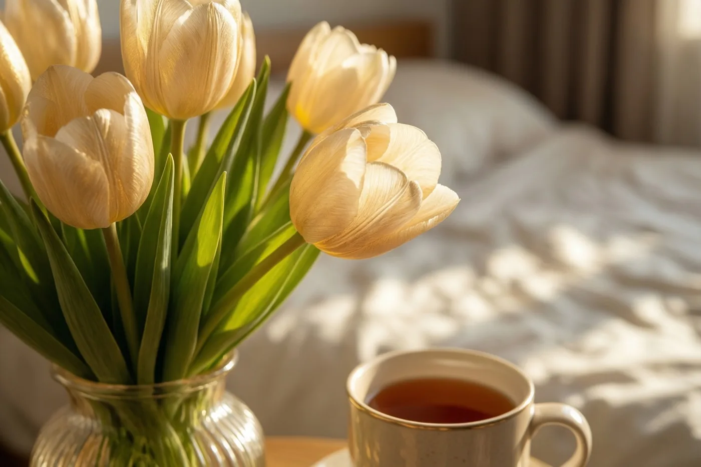Een vaas lichtgele tulpen en een mok thee staan op een houten oppervlak naast een bed in zacht zonlicht.