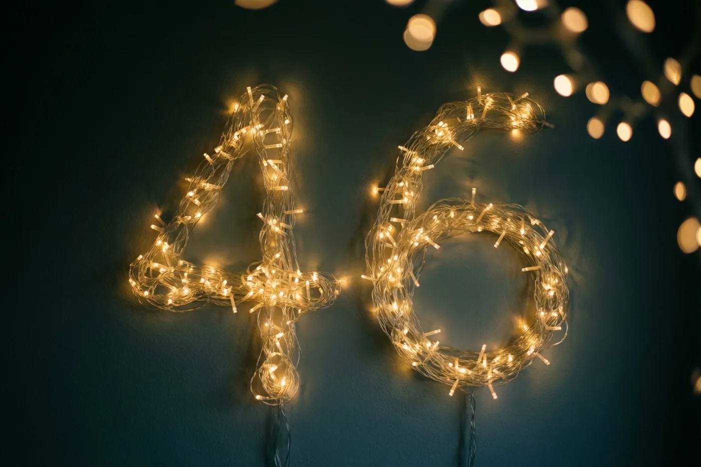 Het getal 46 is gevormd uit warme lichtslingers tegen een donkere muur met onscherpe lichtjes op de achtergrond.