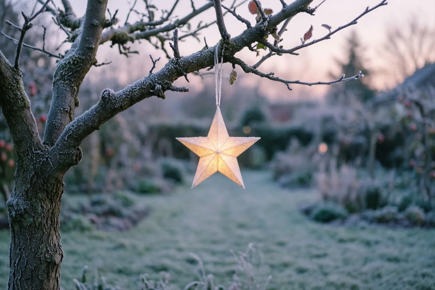 Een lichtgevende ster hangt aan een kale, berijpte appelboomtak in een wintertuin met bevroren grond onder een pastelkleurige schemerlucht.