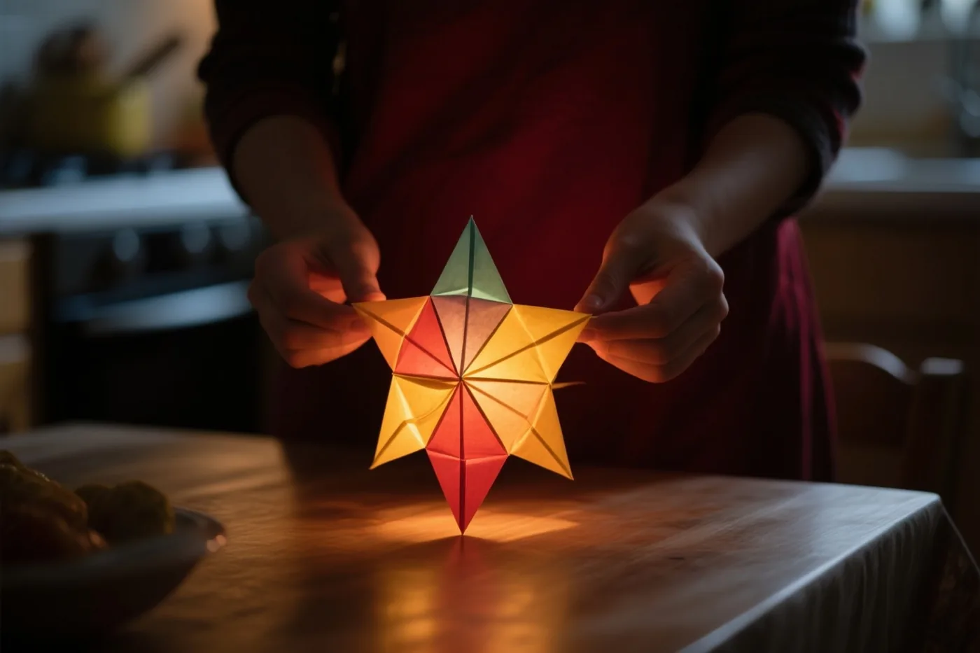 Een persoon houdt een van binnenuit verlichte papieren sterlantaarn boven een houten keukentafel, in warme rode, gele en groene tinten.
