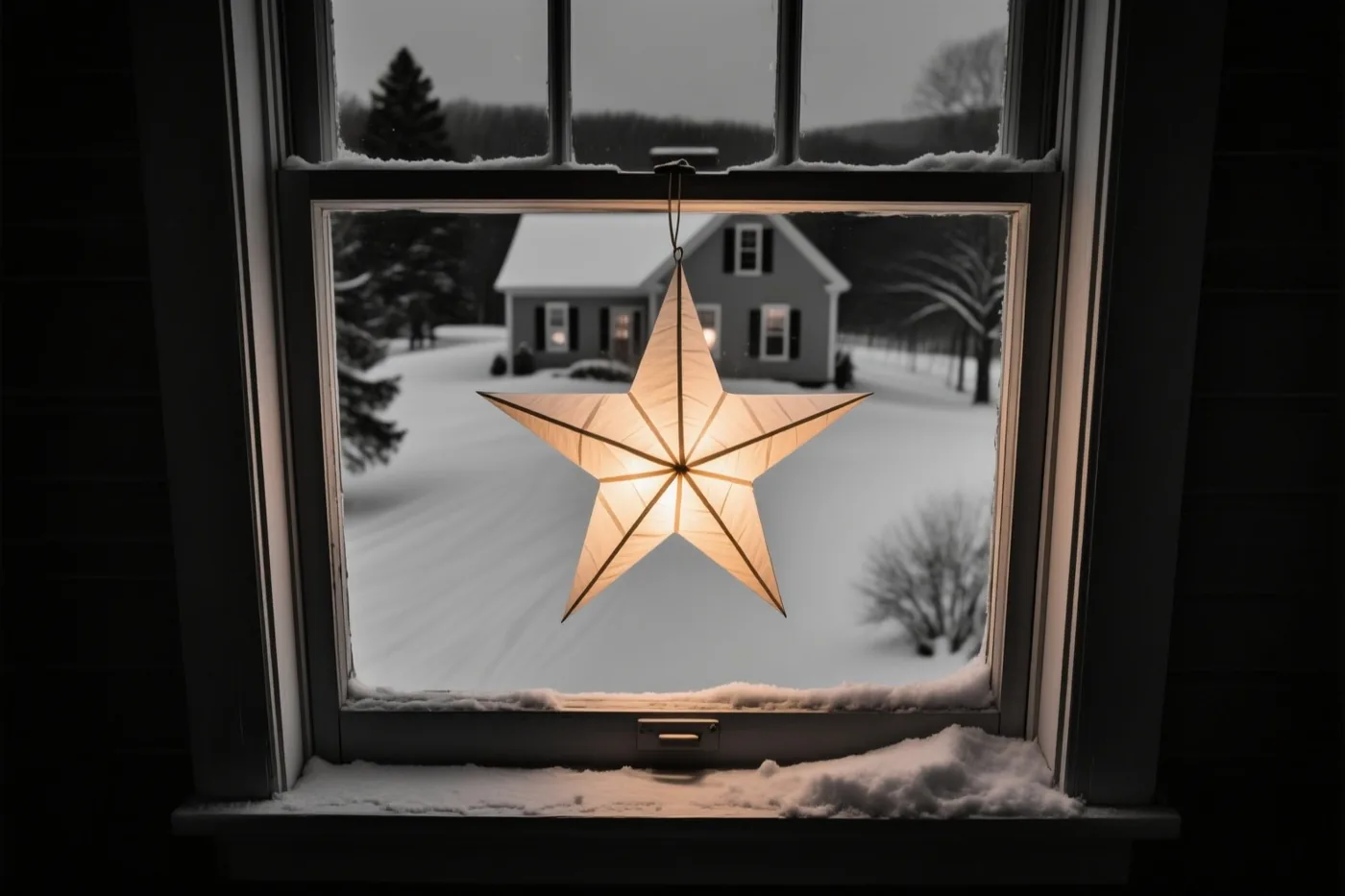 Een verlichte papieren ster hangt midden in een besneeuwd raam, met een besneeuwde boerderij op de achtergrond in gedempte wintertinten.