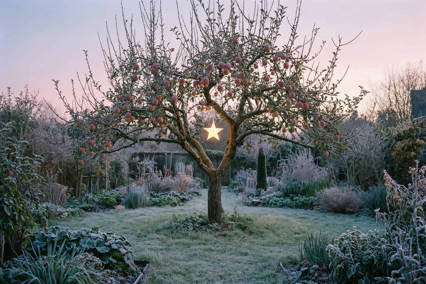 Een kale appelboom met rode appels en een lichtgevende ster staat in een berijpte tuin onder een roze-blauwe schemerlucht.