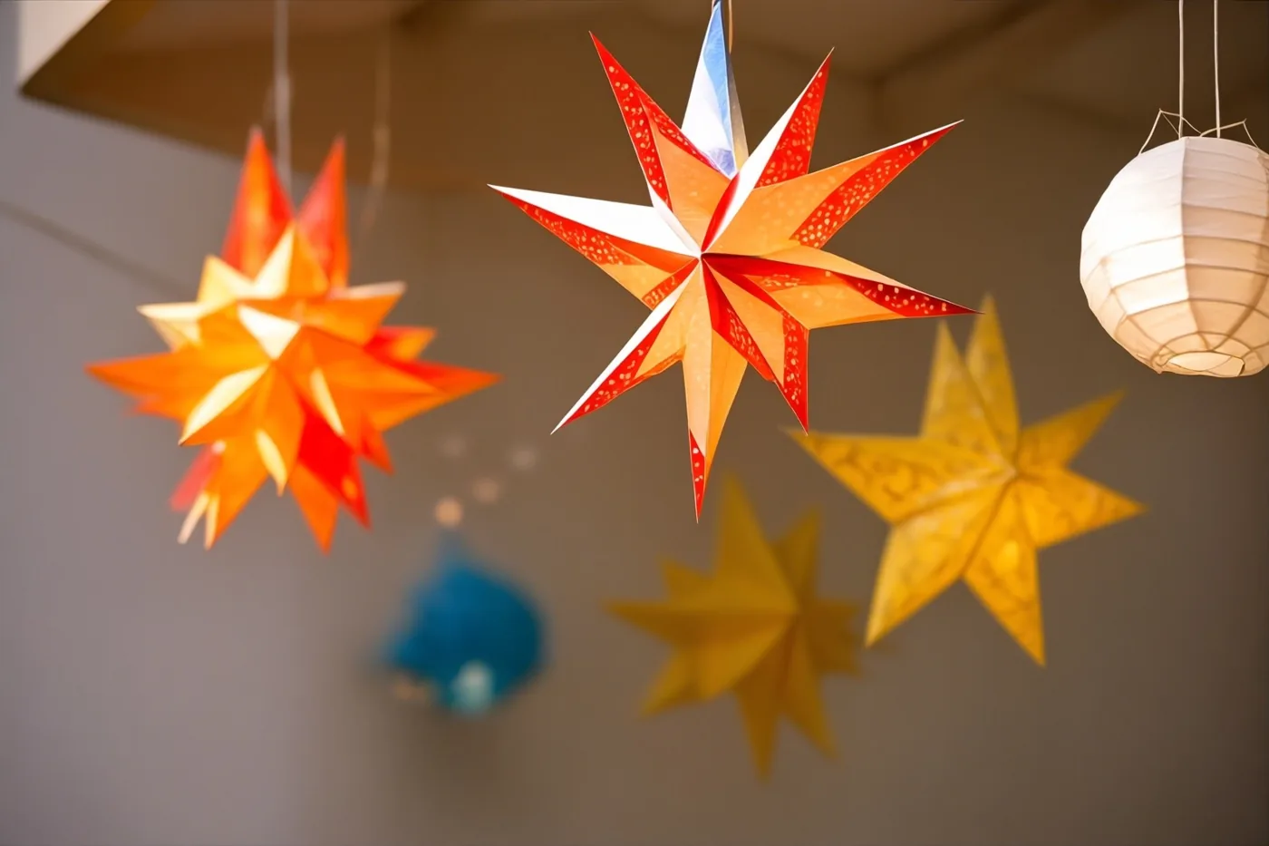 Van binnenuit verlichte papieren sterlantaarns hangen aan het plafond in oranje, rood, geel en wit tegen een neutrale achtergrond.